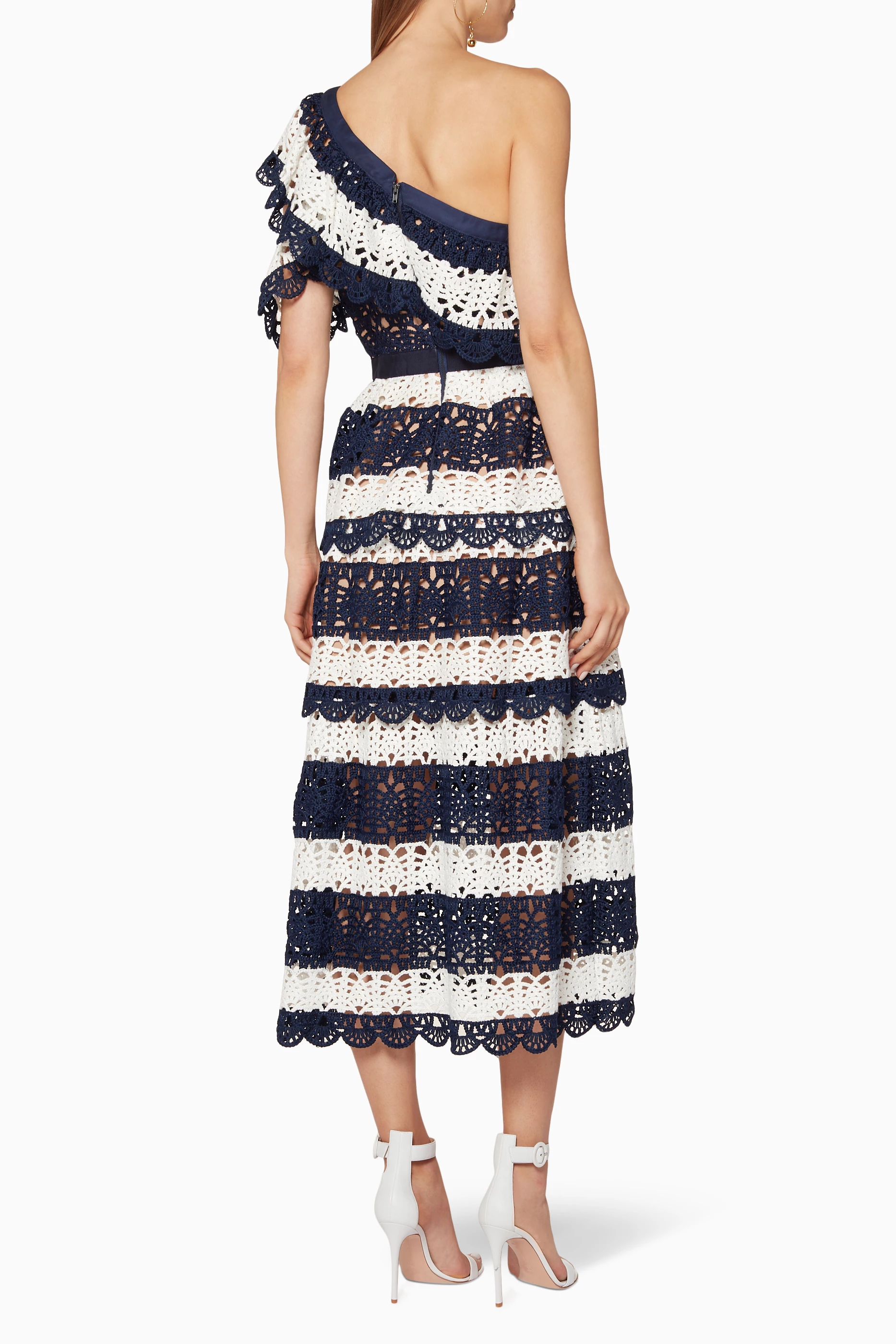 Buy Self Portrait Multicolour Navy White One Shoulder Crochet Dress for Women in UAE Ounass