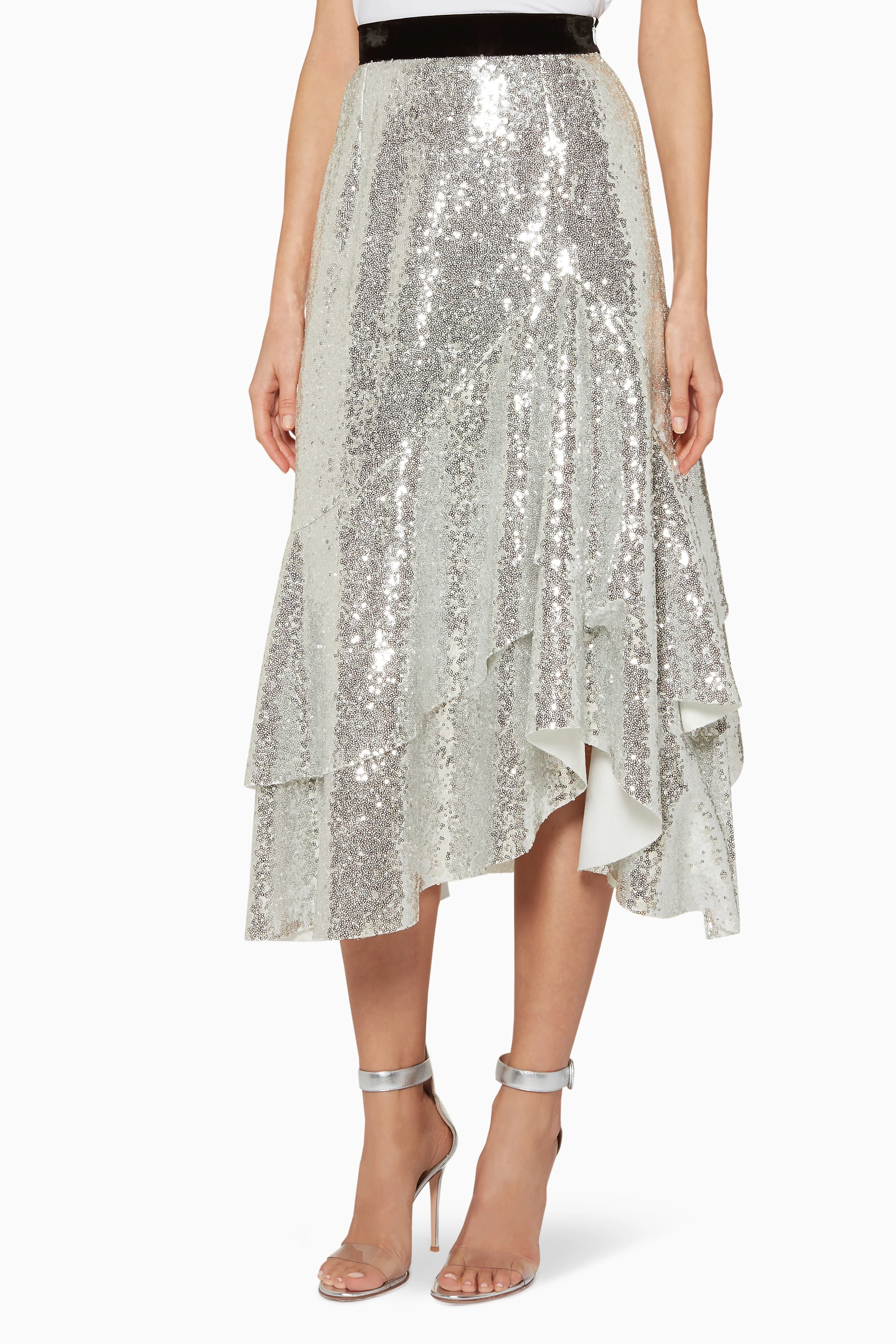 Idol silver asymmetric hot sale sequin midi skirt