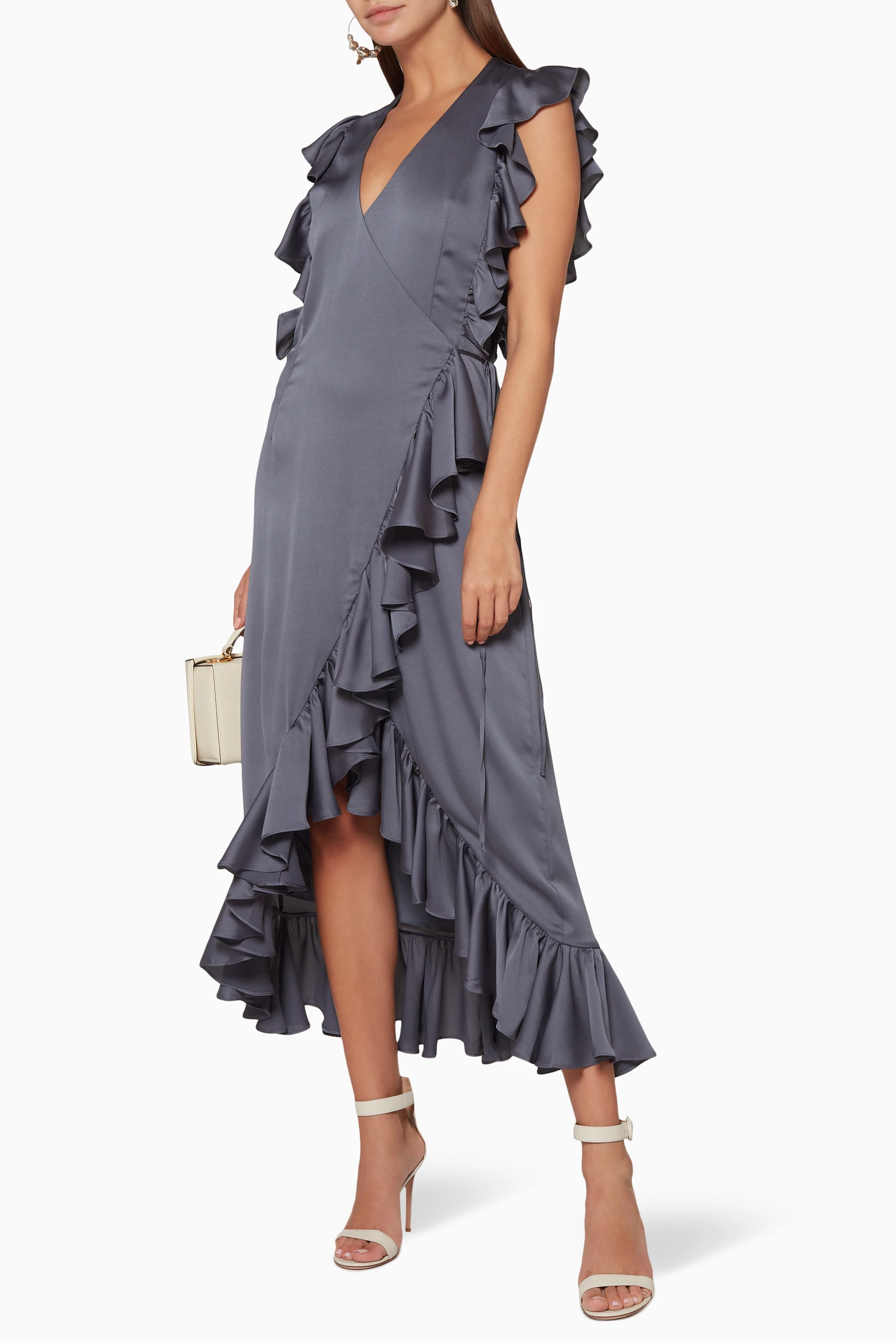 Buy SHONA JOY Blue Grey Anna Ruffle Wrap Midi Dress for Women in