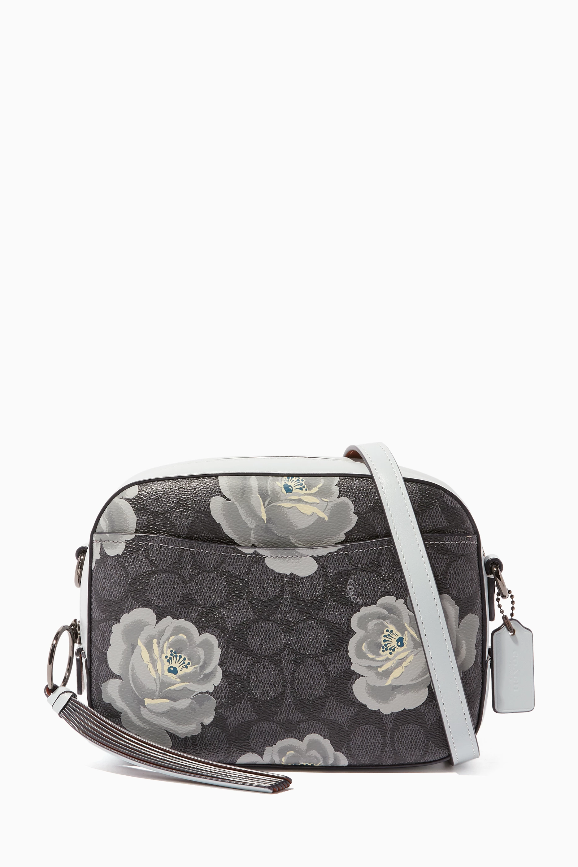 Buy Coach Grey Charcoal Sky Rose Print Camera Cross Body Bag for
