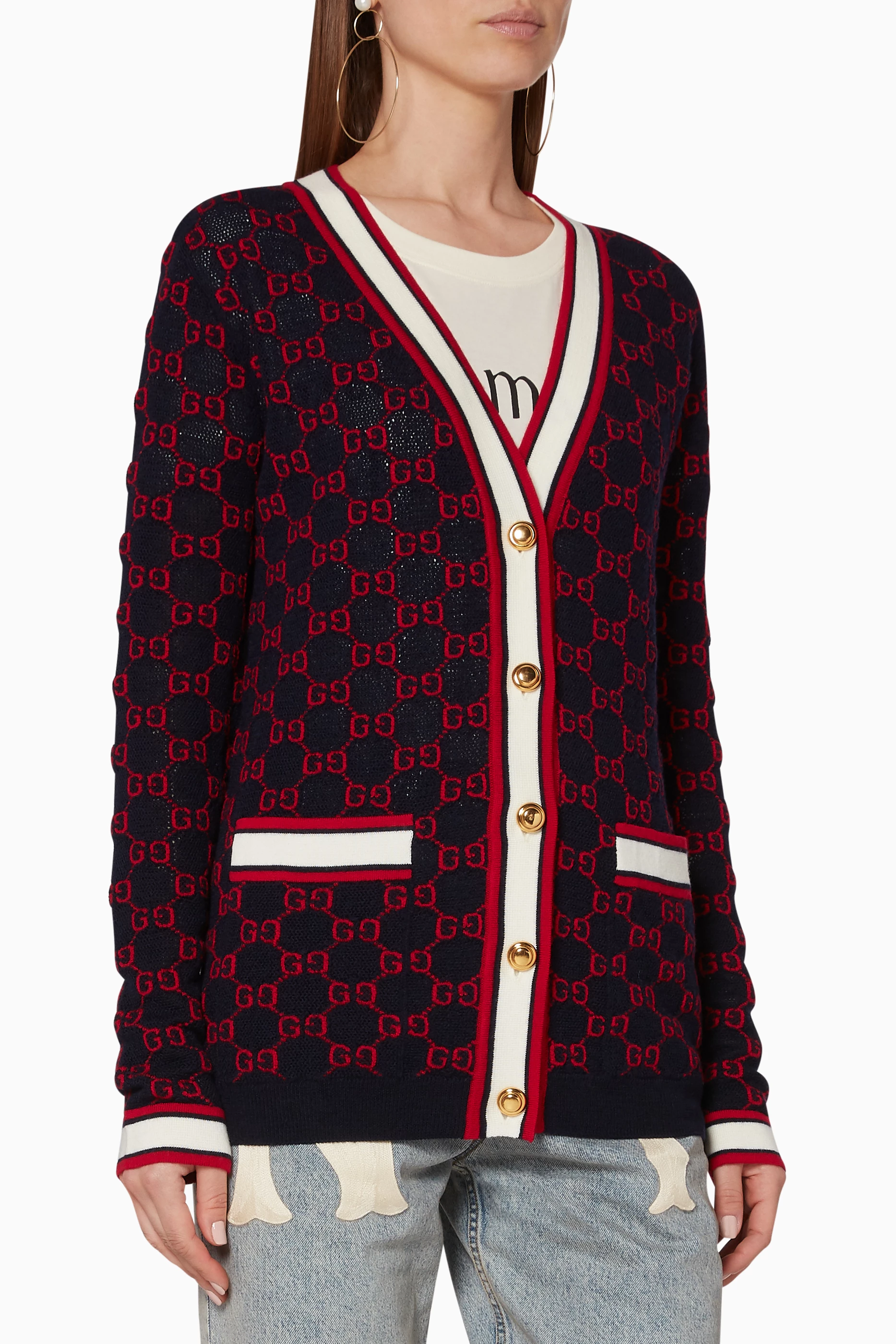 Buy Gucci Blue Navy GG Logo Cardigan for Women in UAE Ounass