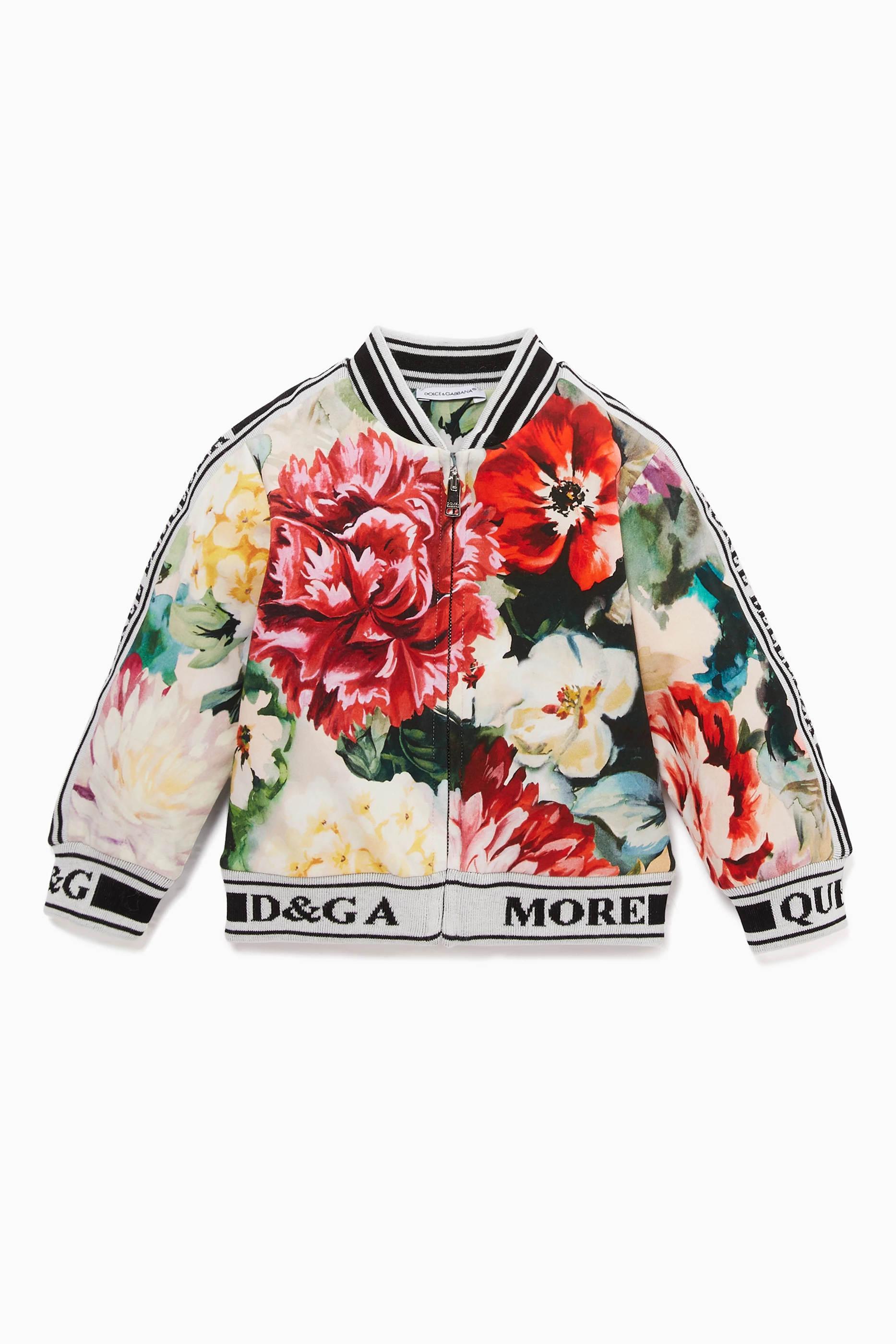 Buy Dolce Gabbana Pink Floral Print Logo Tape Bomber Jacket for