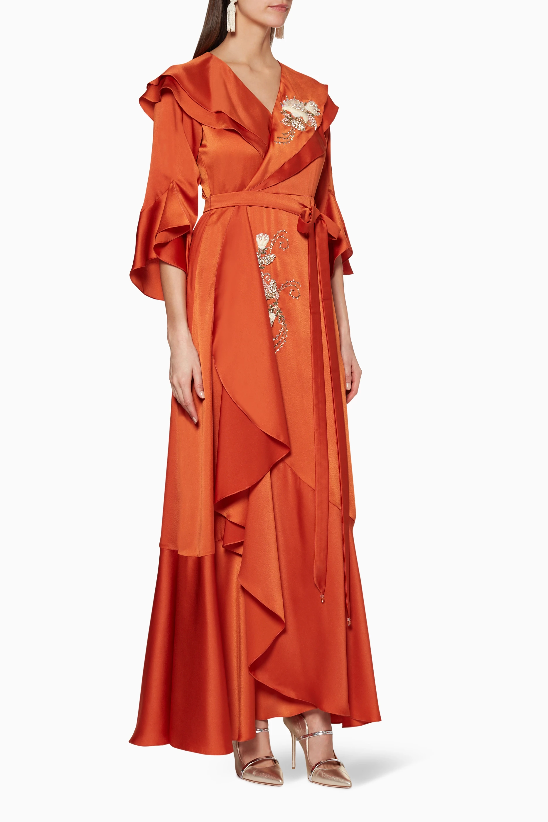 Orange silk wrap dress 2025