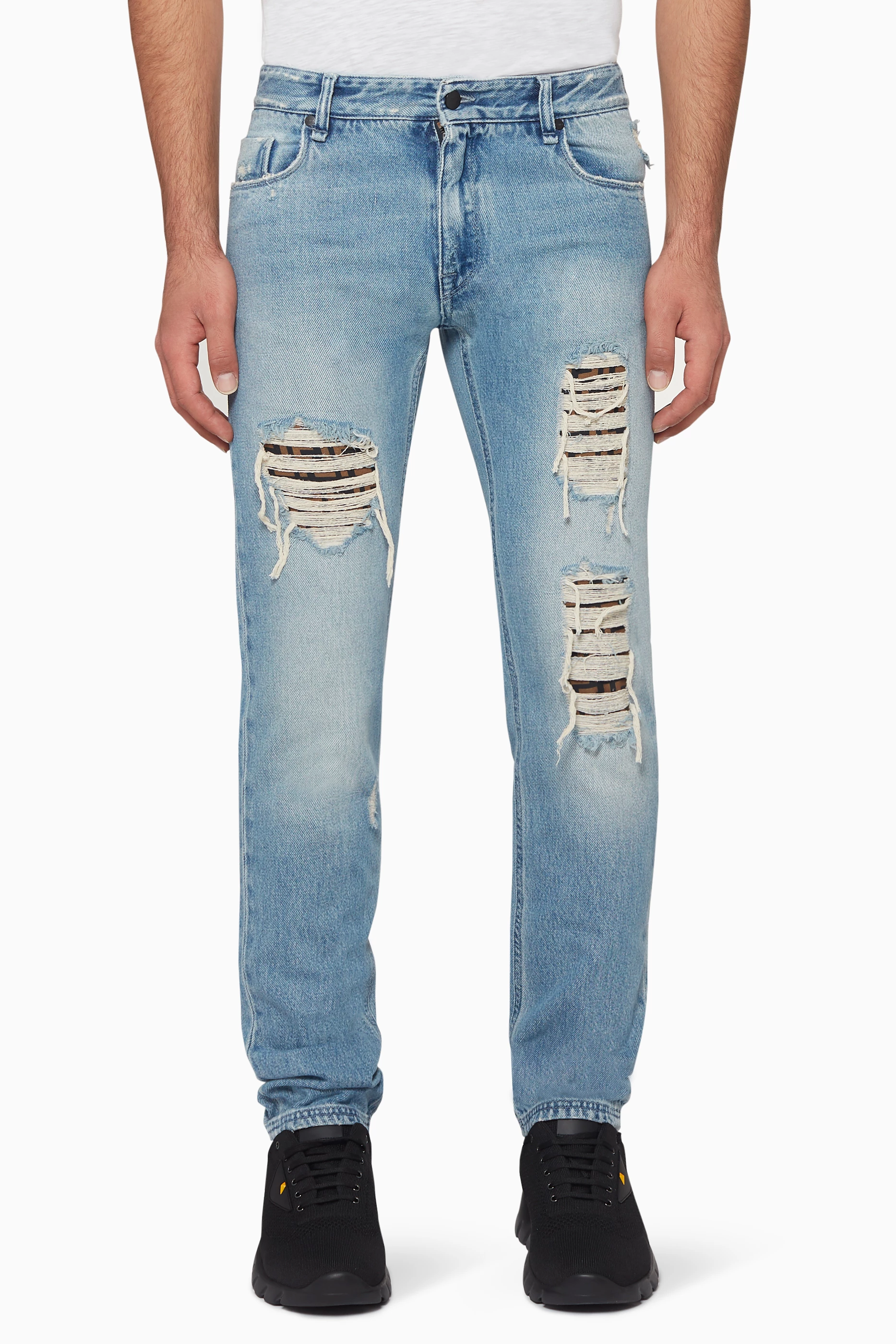 Buy Fendi Blue Distressed FF Logo Jeans for Men in UAE Ounass