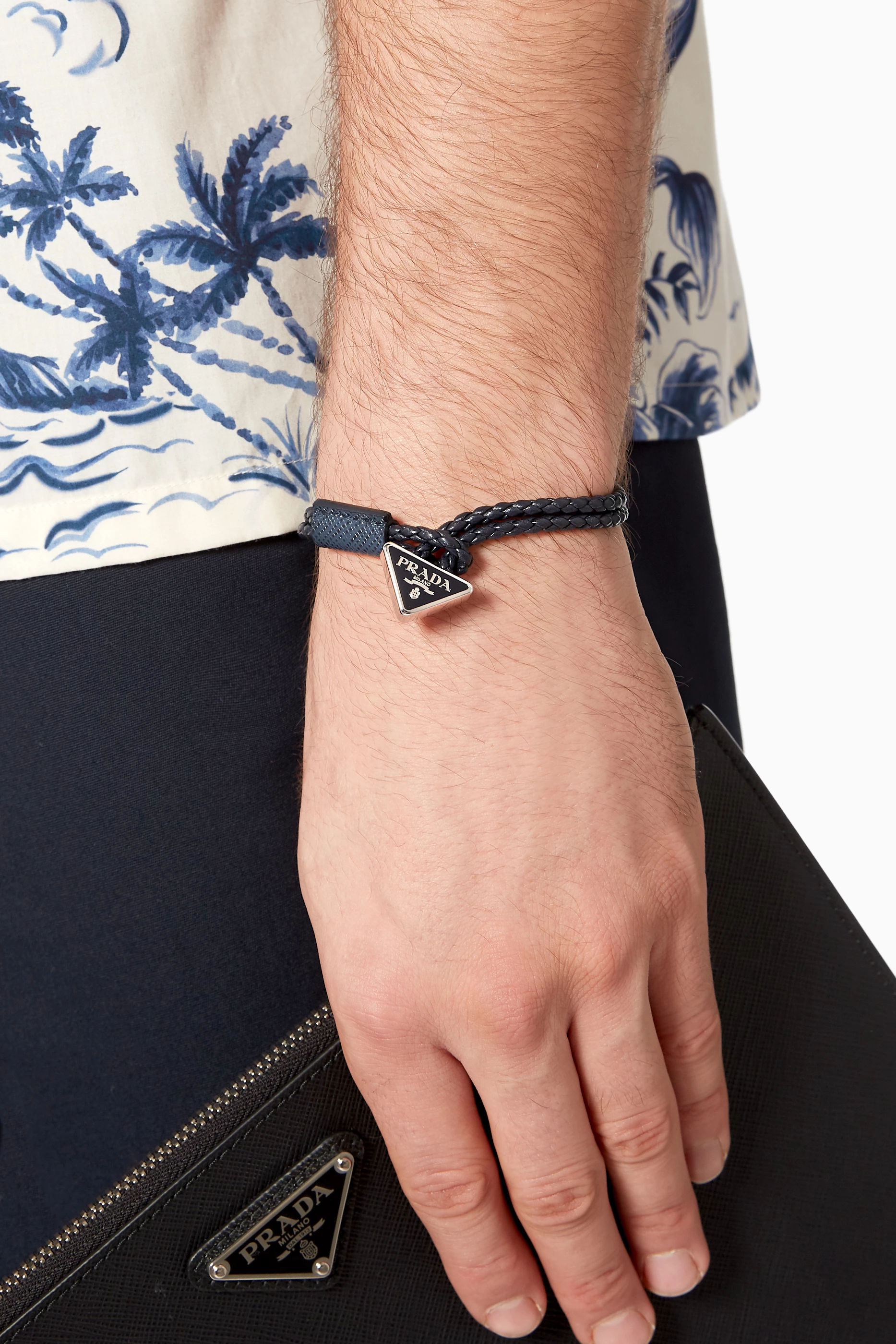 Buy Prada Blue Braided Leather Logo Bracelet for Men in UAE Ounass