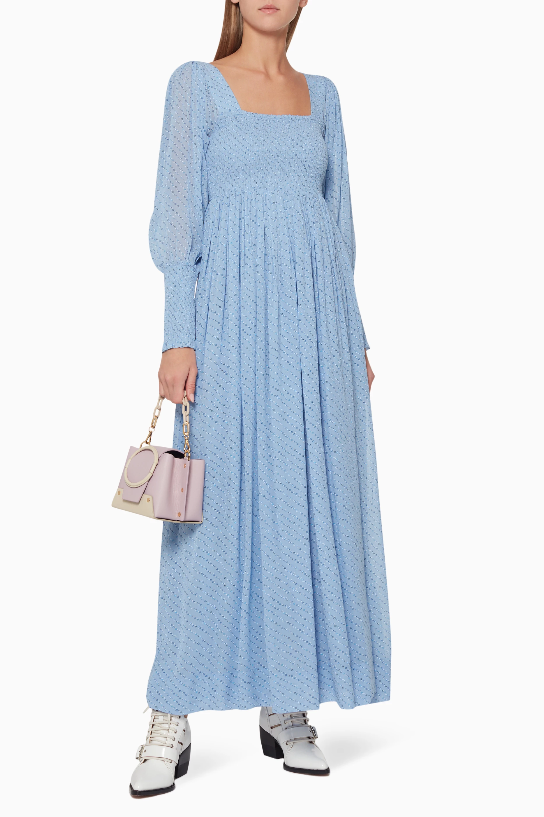 Buy Ganni Blue Floral Print Georgette Maxi Dress for WOMEN in UAE