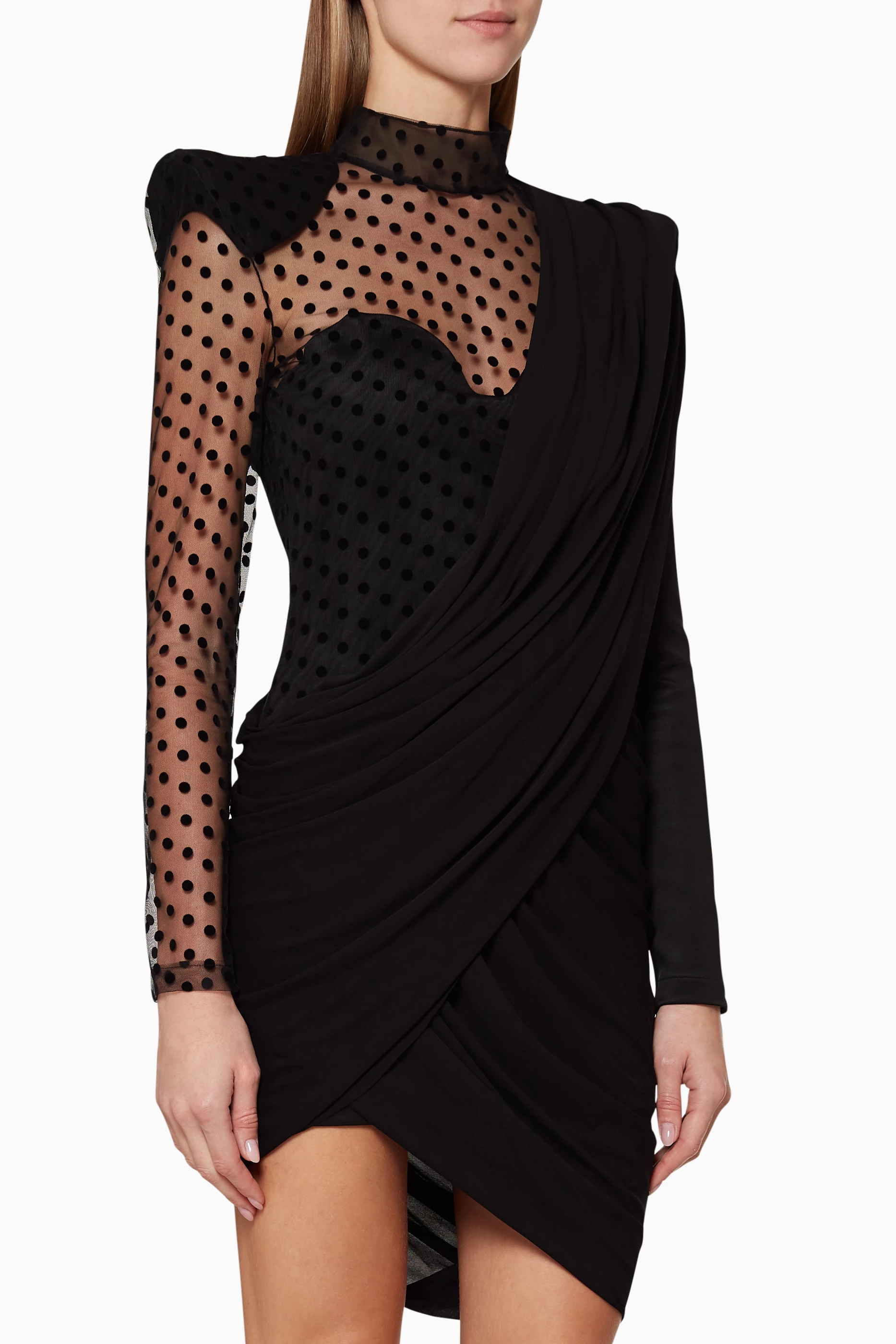 Buy Balmain Black Swiss Dot Asymmetric Mini Dress for Women in UAE Ounass