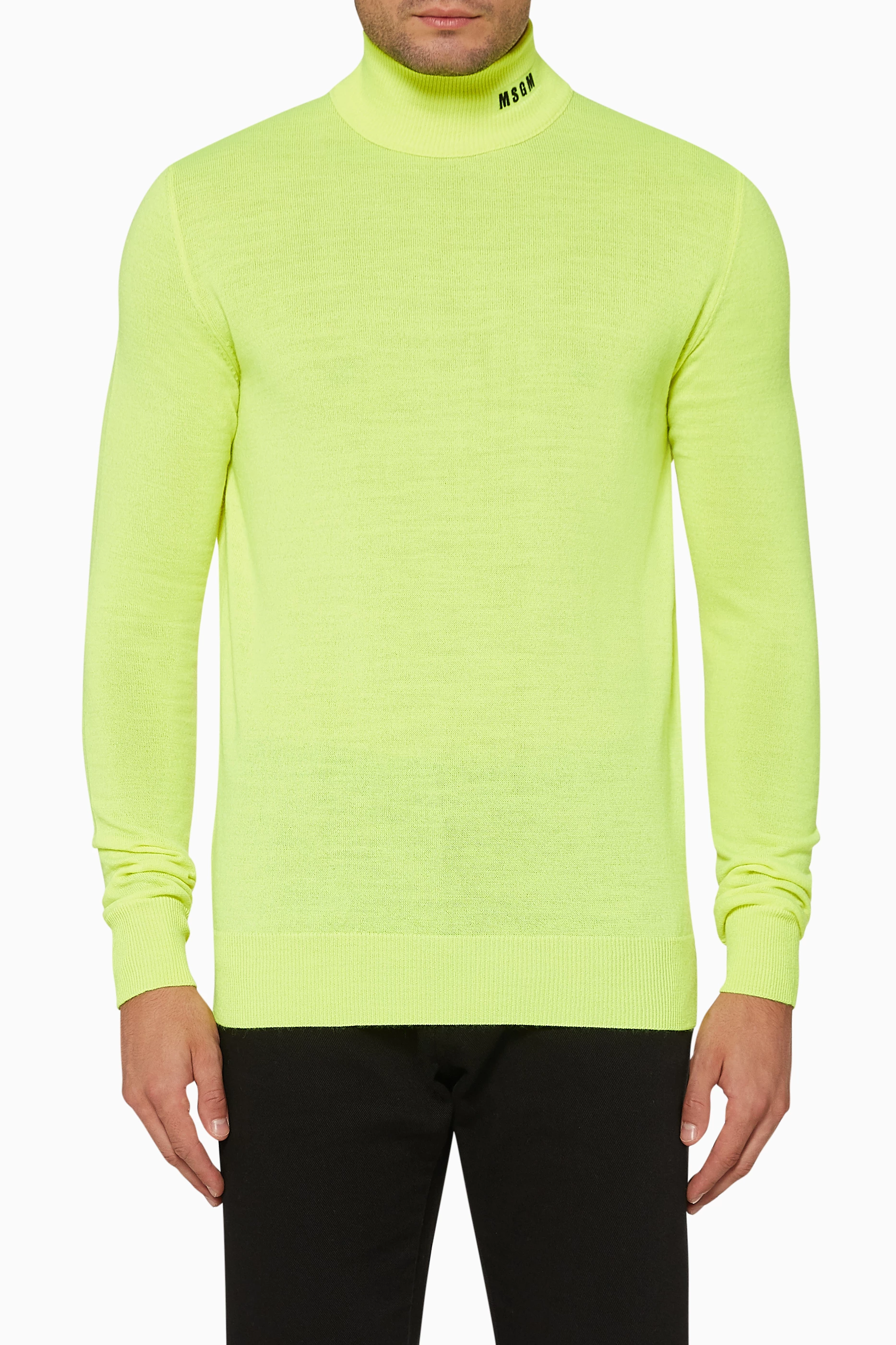 Buy MSGM Yellow Logo Embroidered Neon Turtleneck Top for Men in