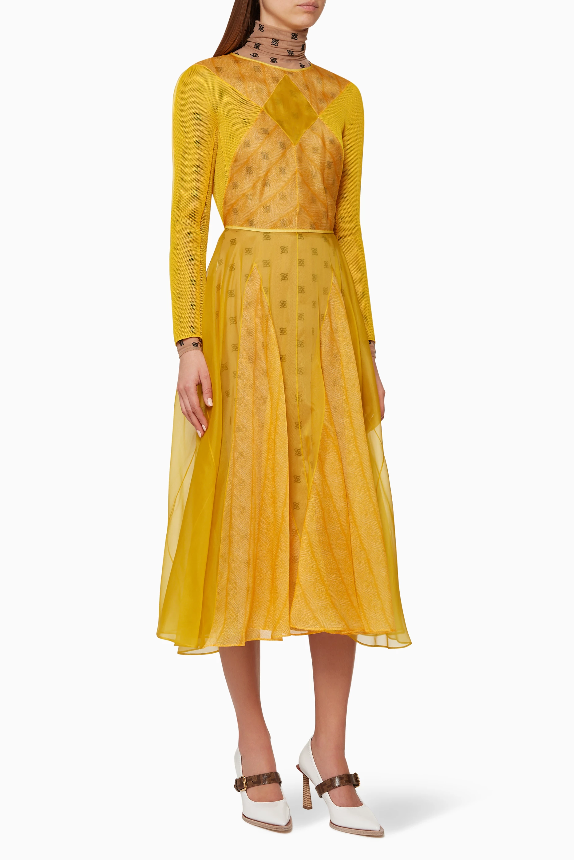 Buy Fendi Yellow Logo-Print Organza Dress for WOMEN | Ounass UAE