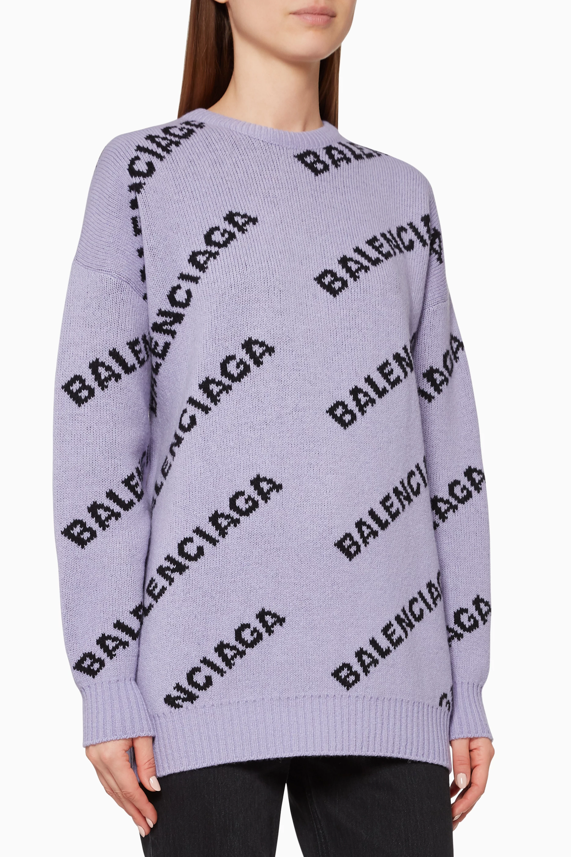 Buy Balenciaga Purple Logo Embroidered Jacquard Wool Sweater for Women in UAE Ounass