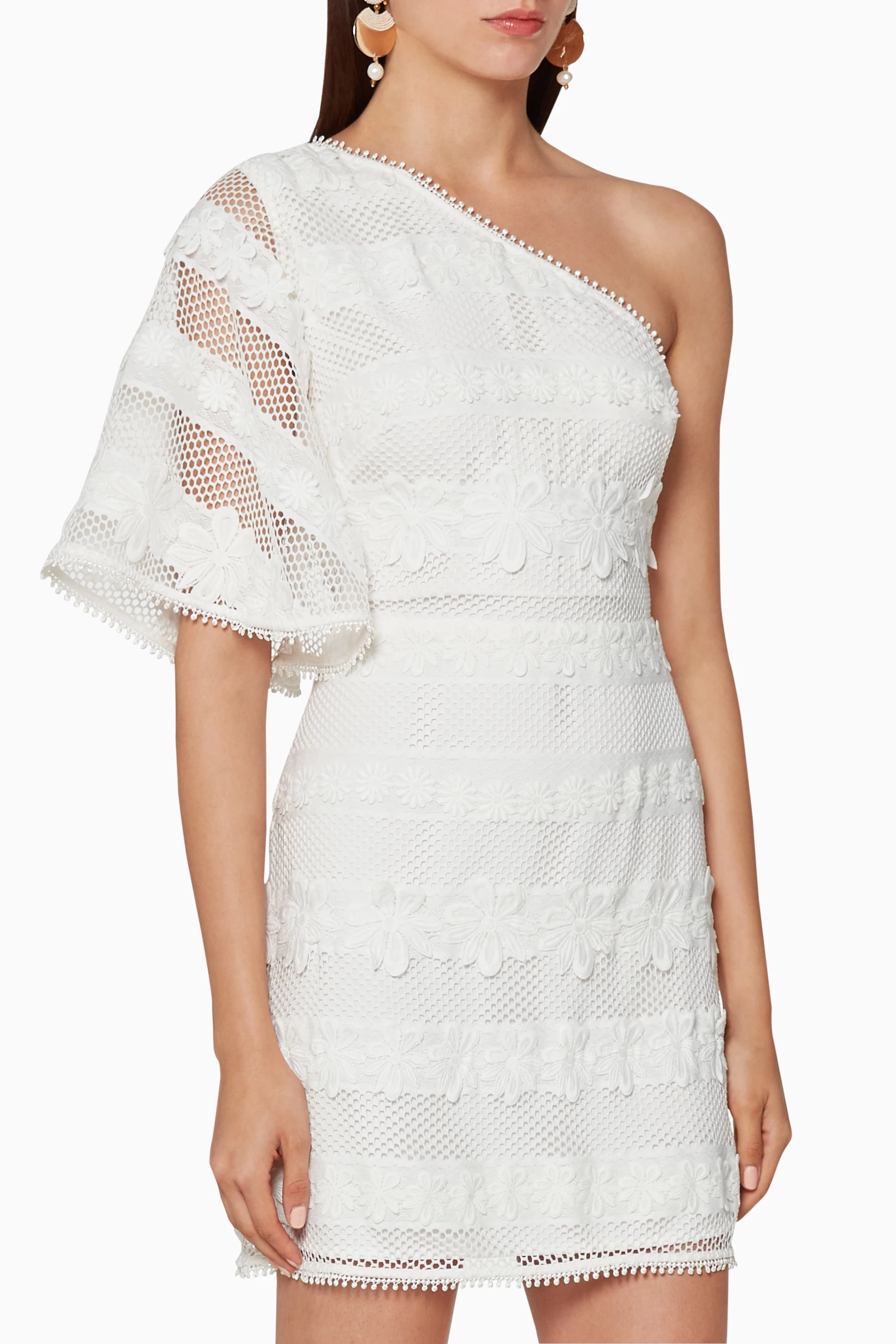 One shoulder shop white lace dress