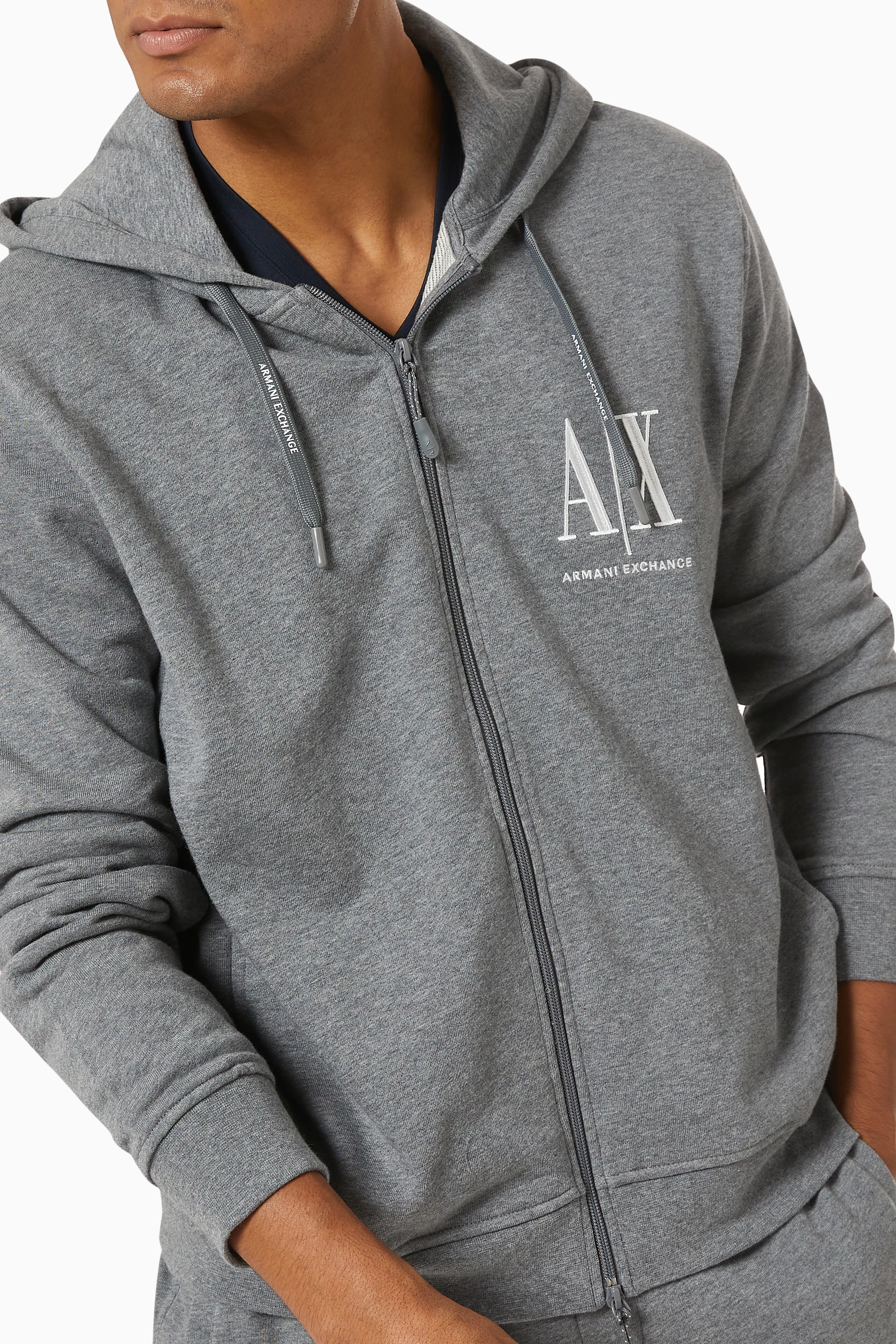 Buy Armani Exchange Grey Logo Hooded Sweatshirt in Cotton for Men