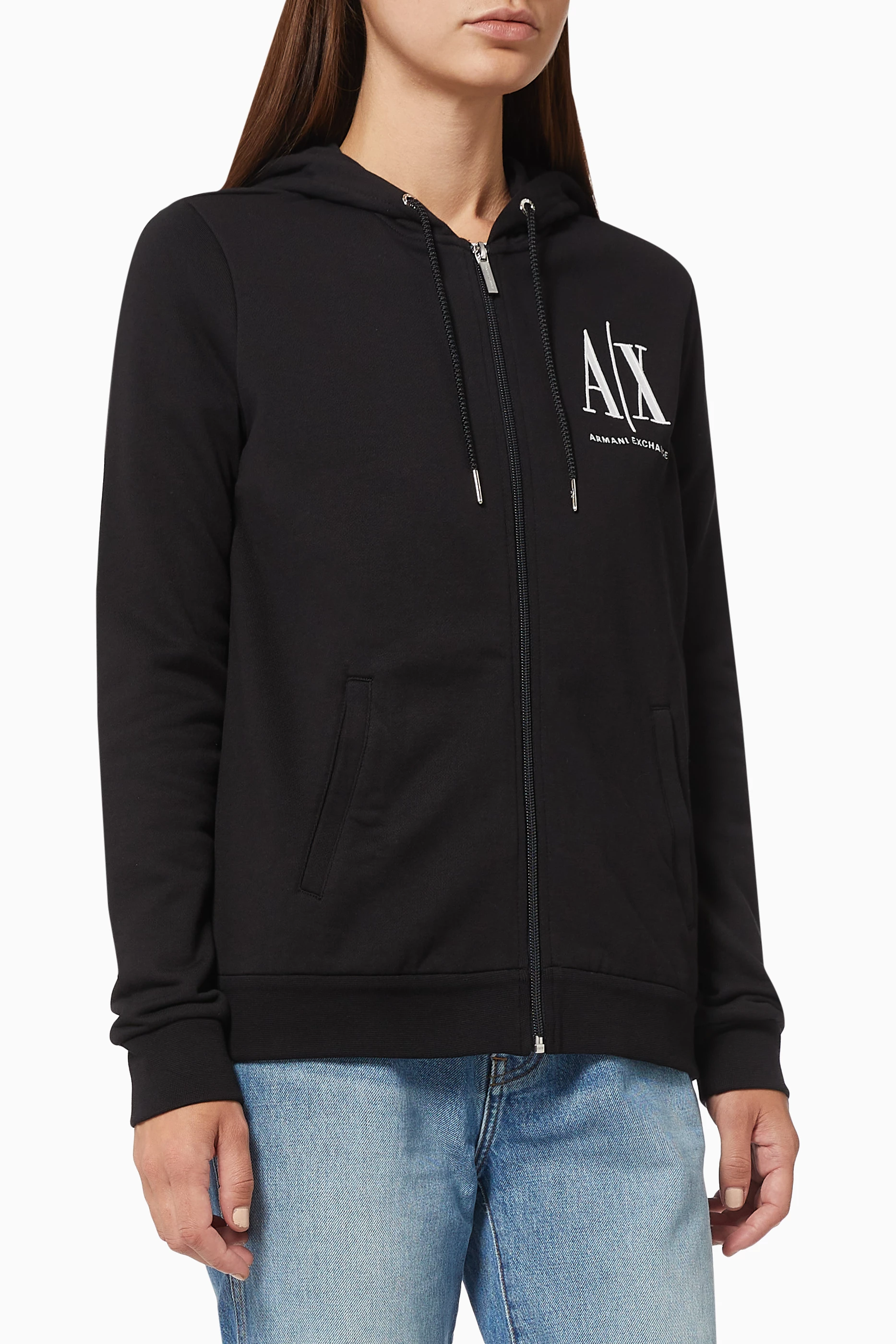 Buy Armani Exchange Black Icon Logo Zip Hoodie in Cotton for Women