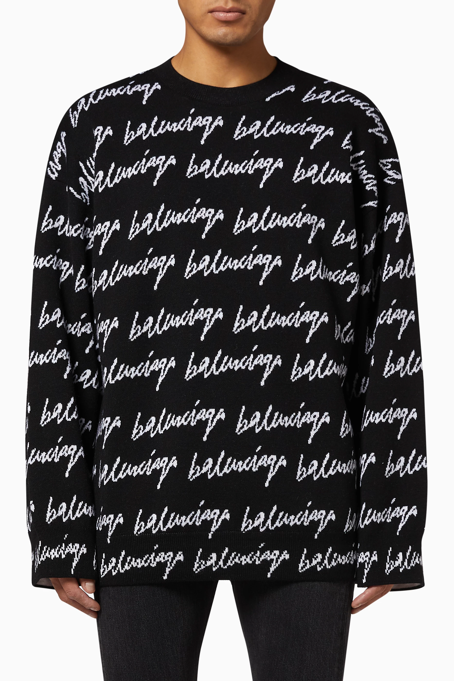 Buy Balenciaga Black Crewneck in Scribble Jacquard Knit for Men in