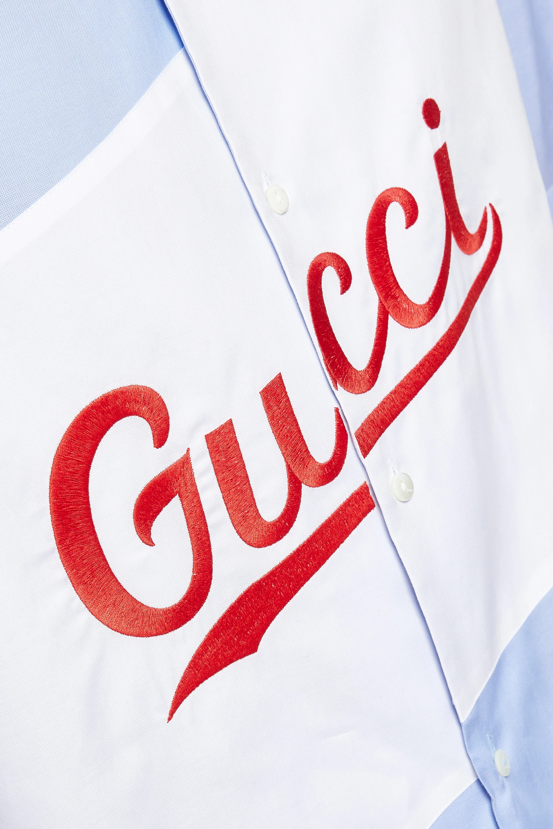 Gucci - Light Blue Paneled Script Logo Bowling Shirt – eluXive