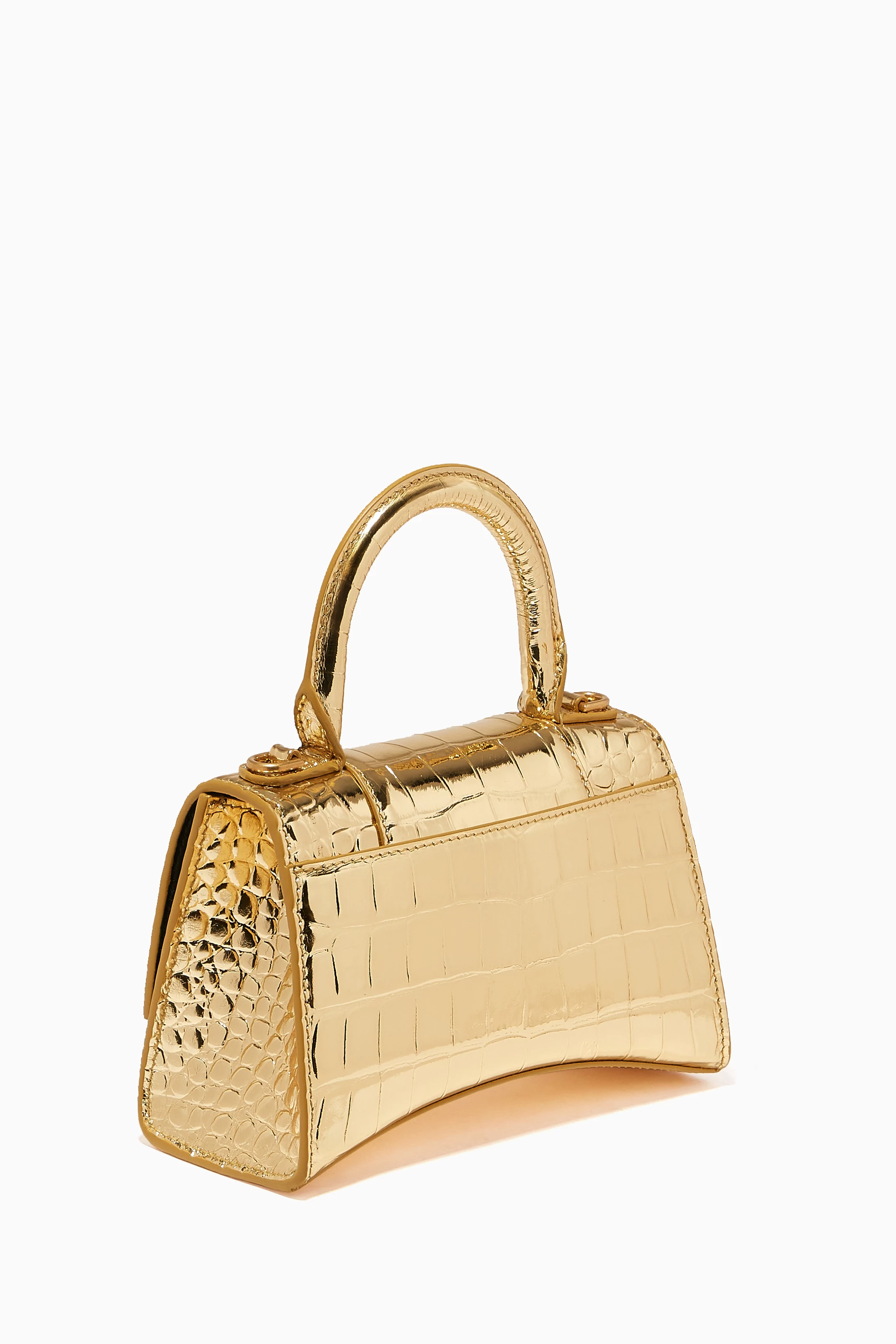 Balenciaga Metallic Shiny Calfskin Crocodile Embossed Hourglass Top Handle Bag Xs Light Gold