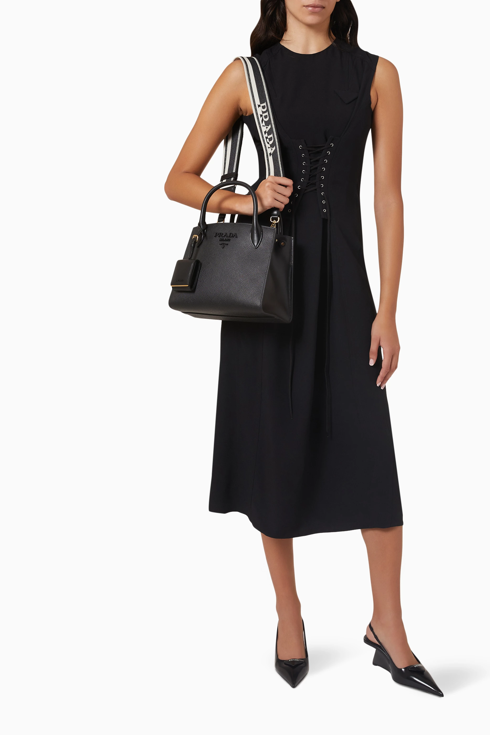 Prada Saffiano Cuir Small Monochrome Handle Bag - Black Handle Bags,  Handbags - PRA864682