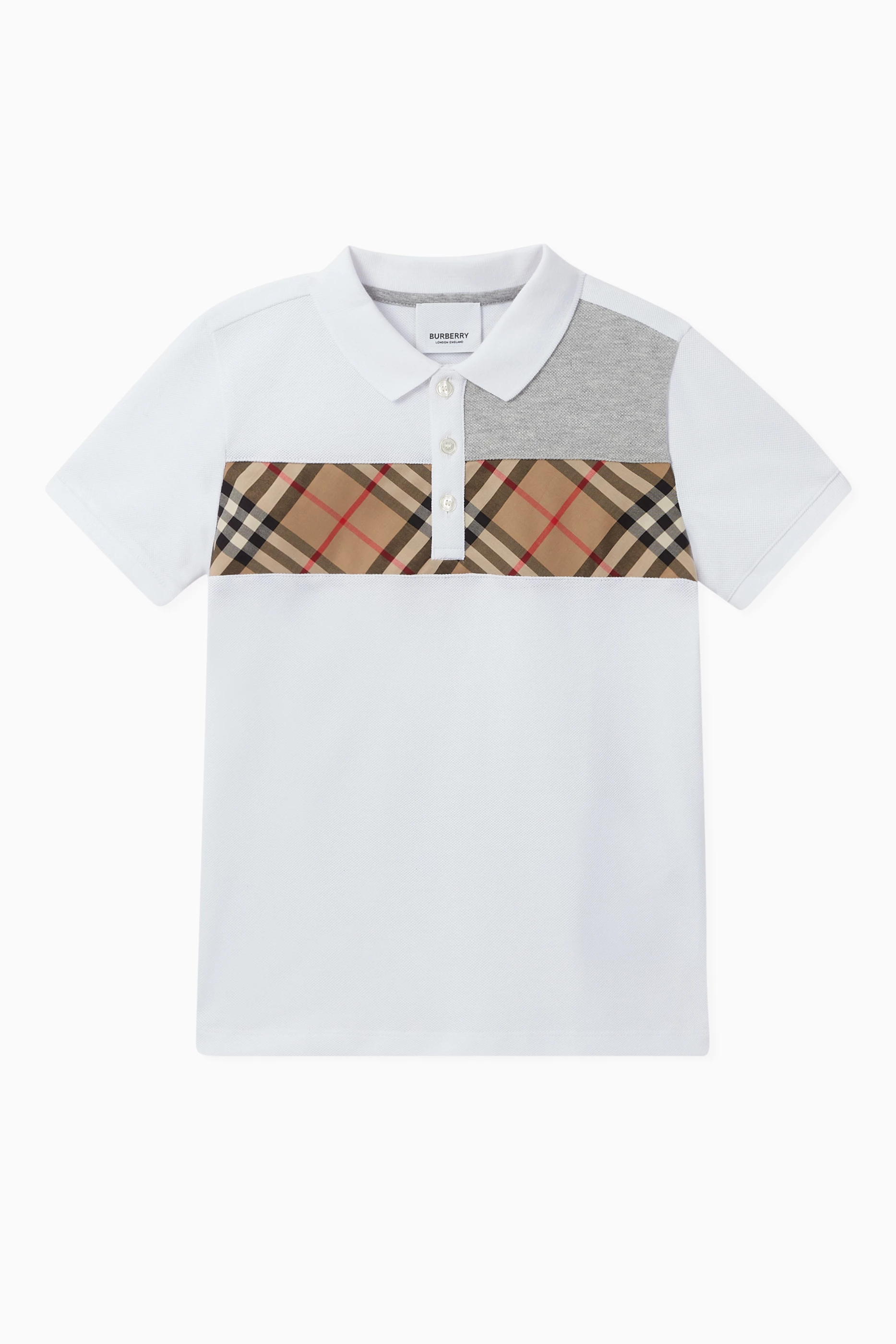 Buy Burberry White Vintage Check Panel Cotton Polo Shirt for Boys