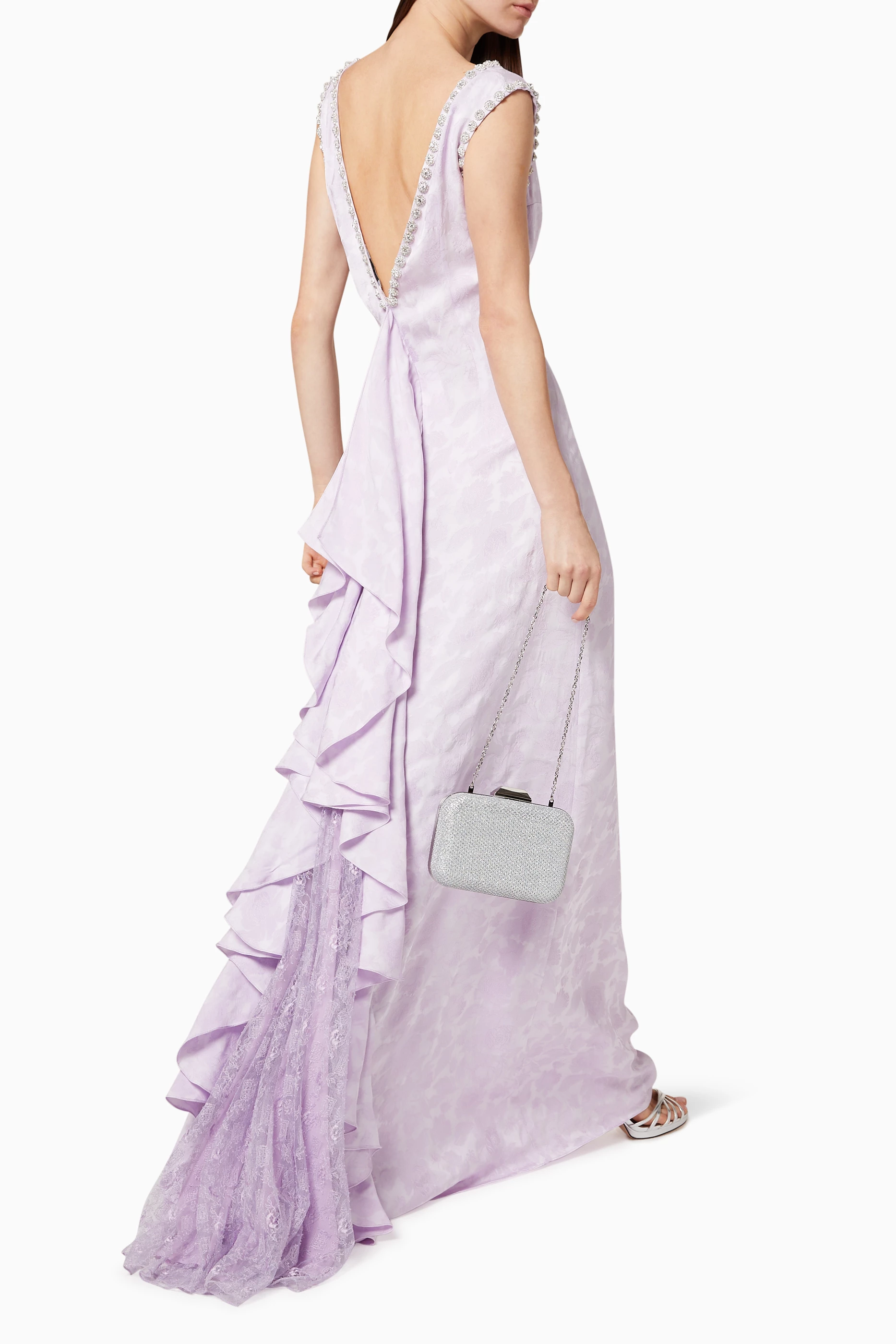 Bcbg draped ruffle and lace shop gown