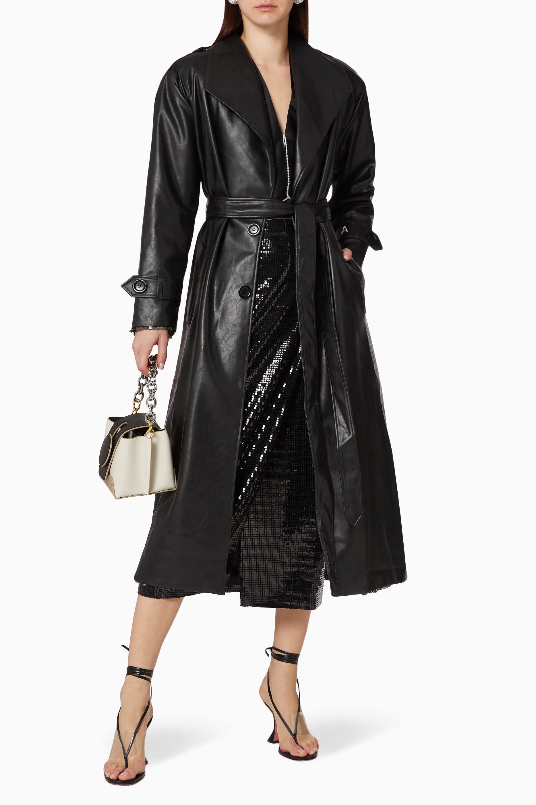 Buy ANOUKI Black Reversible Vegan Leather Sequin Trench Coat for