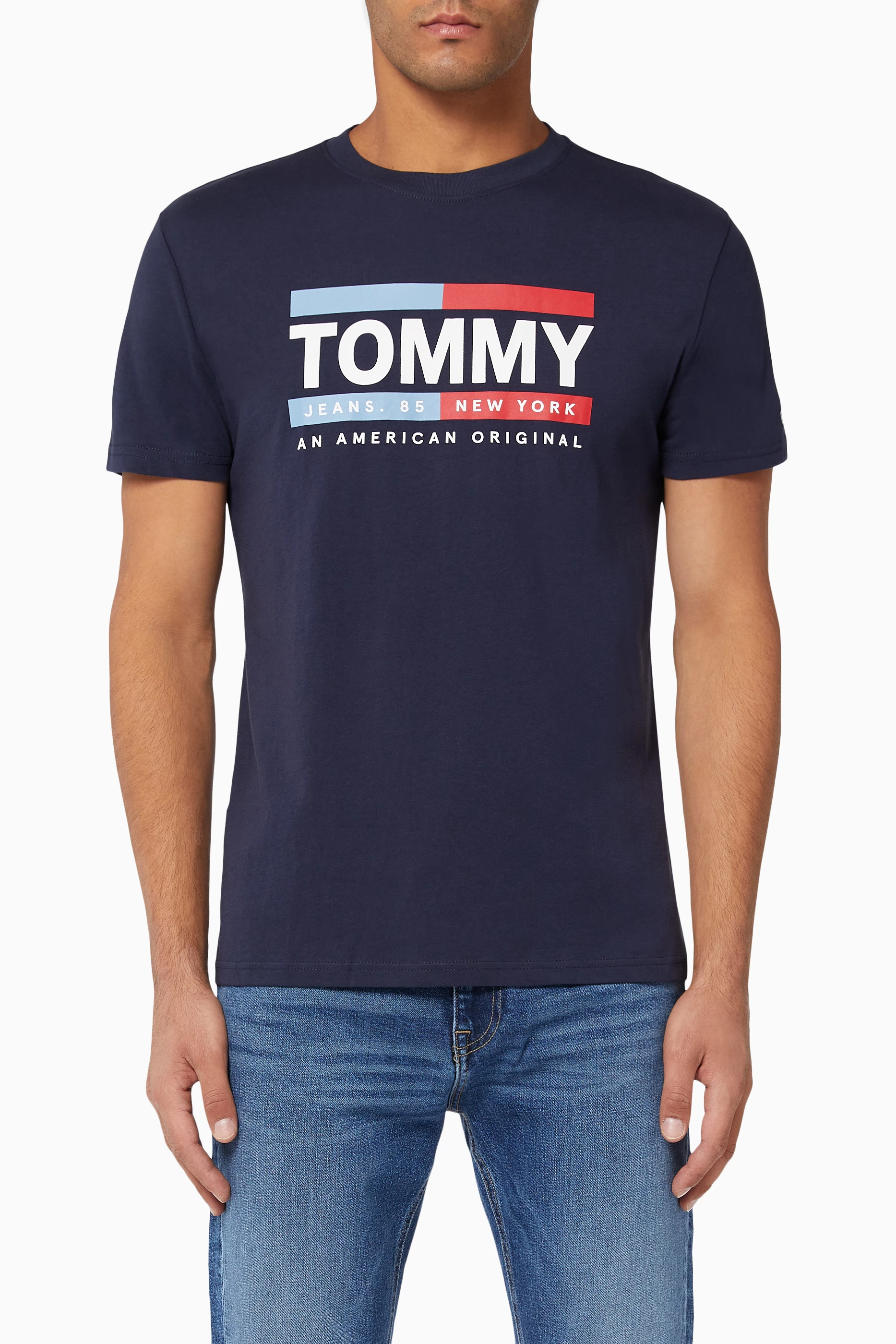 Buy Tommy Jeans Blue Box Logo Cotton T Shirt for Men in UAE Ounass
