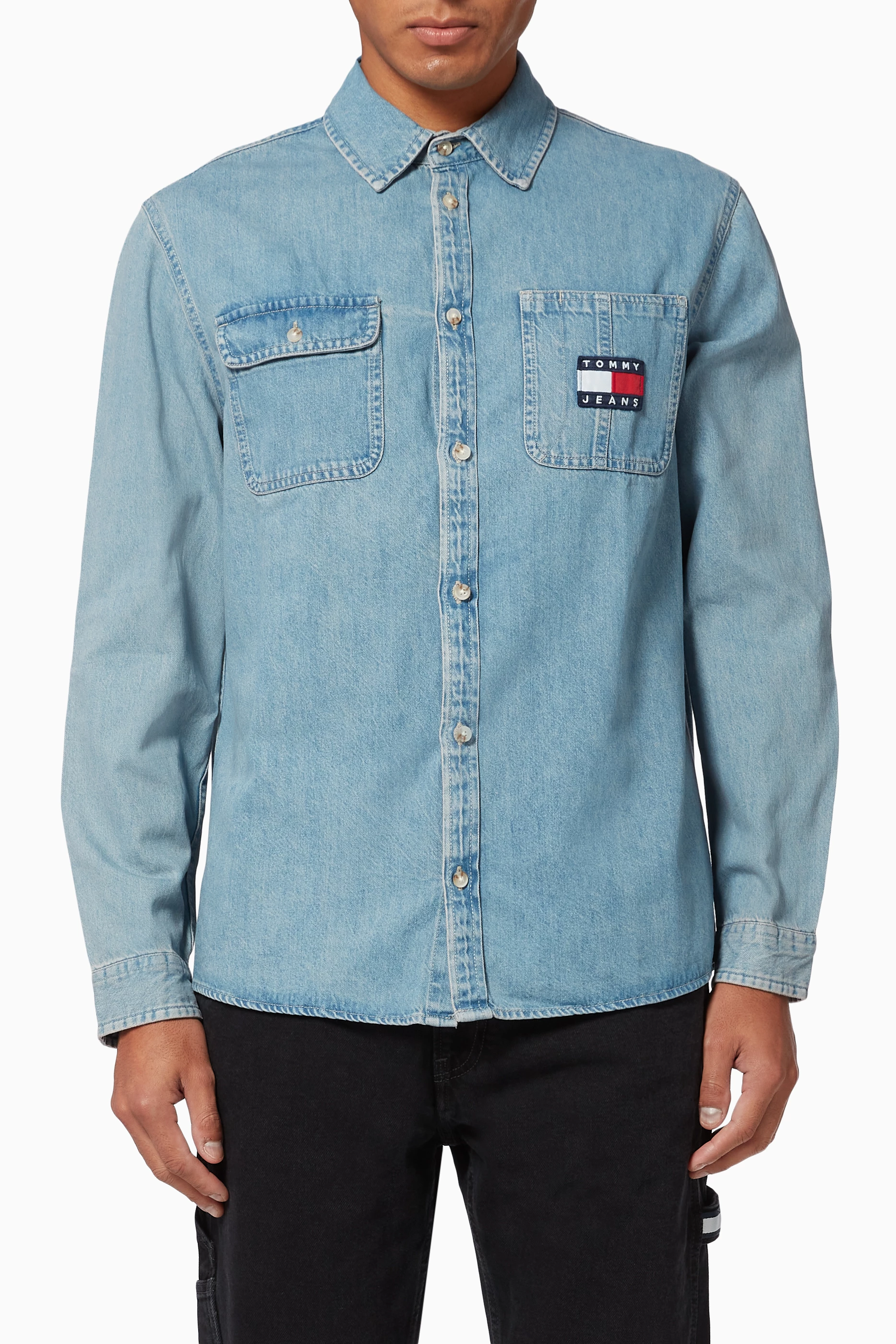 Denim shirt with badges clearance