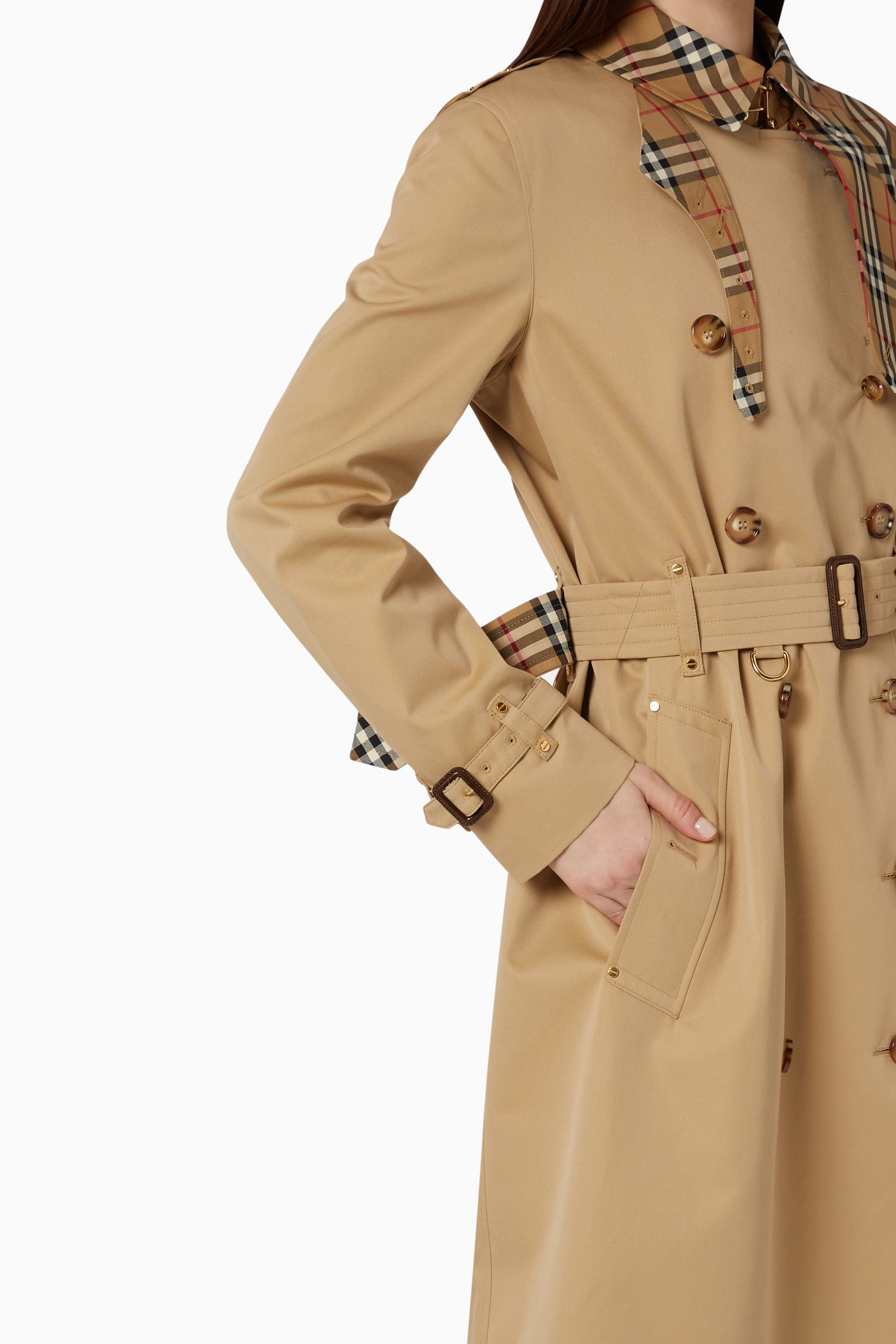 vintage check panel cotton gabardine trench coat