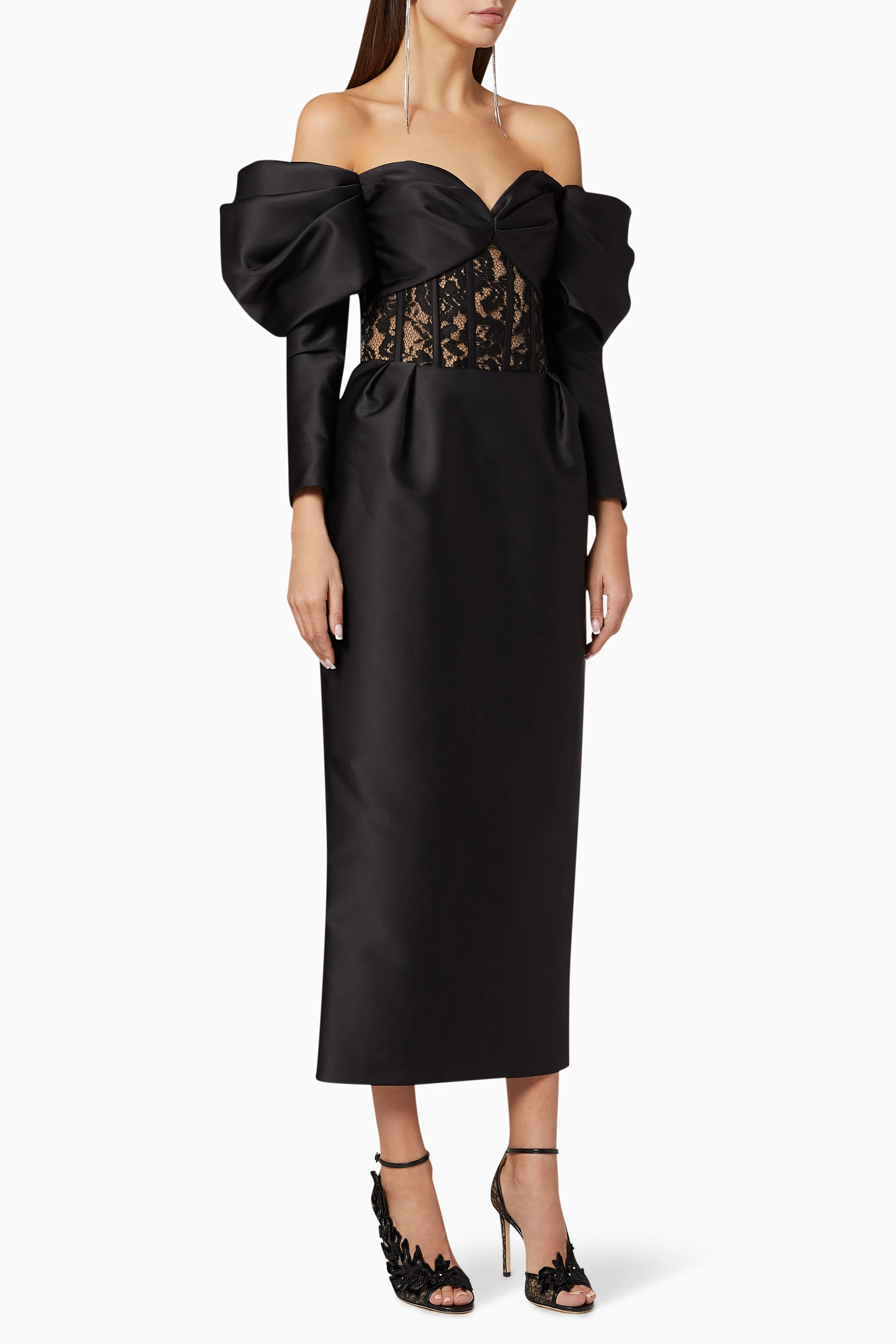 Buy Rasario Black Lace Satin Corset Midi Dress for Women in UAE