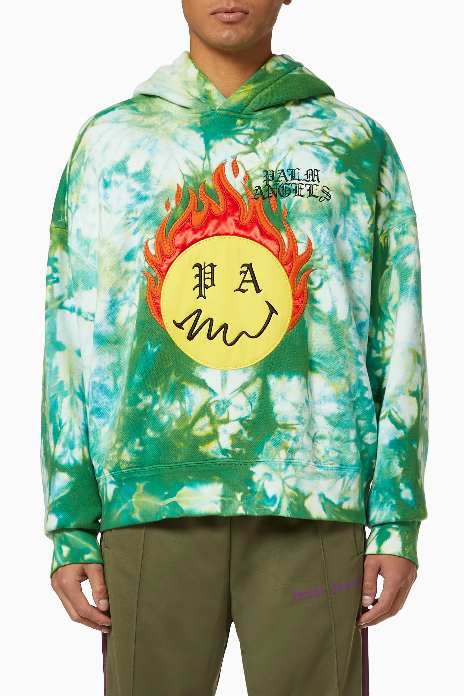 Buy Palm Angels Green Burning Head Tie Dye Cotton Hoodie for Men in UAE Ounass