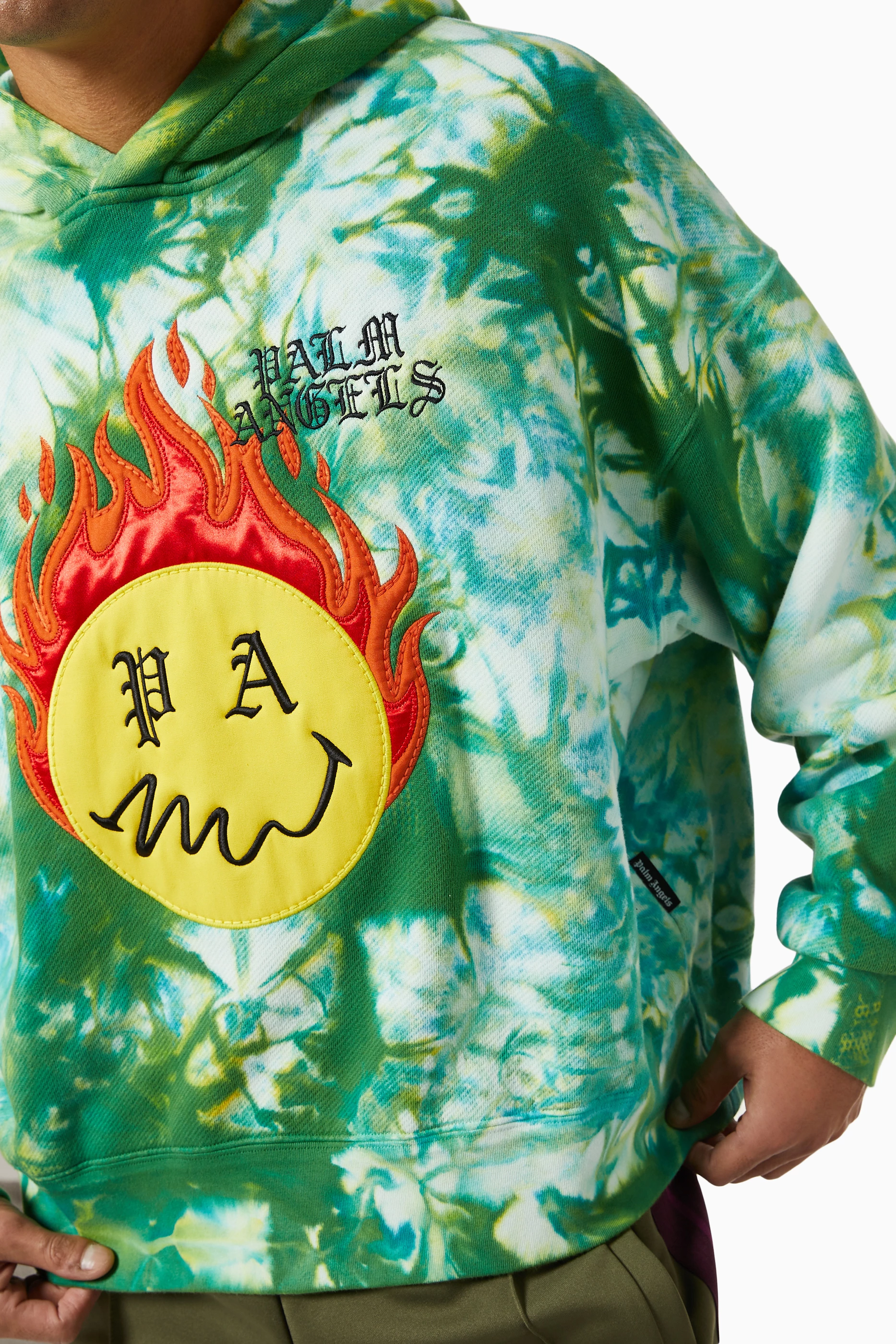 Buy Palm Angels Green Burning Head Tie Dye Cotton Hoodie for Men