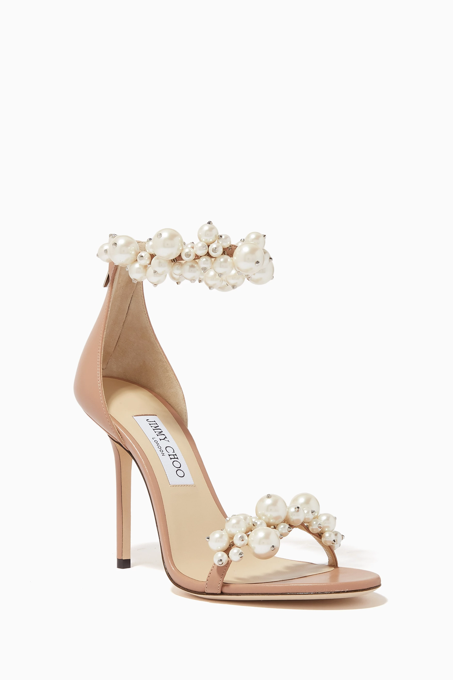 Buy Jimmy Choo Pink Maisel 100 Sandals with Pearls in Nappa for