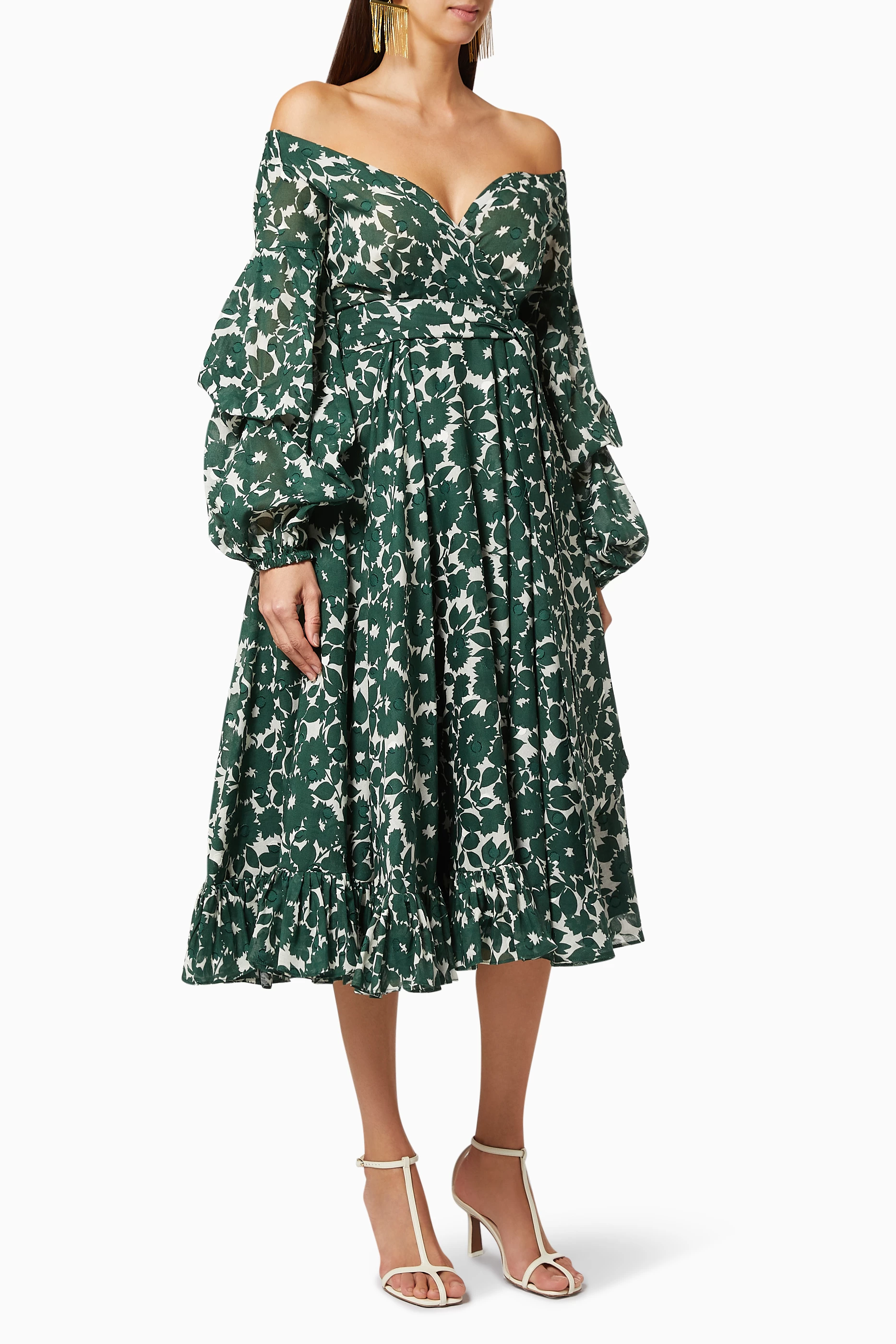 Self portrait cold shoulder shop floral printed dress green