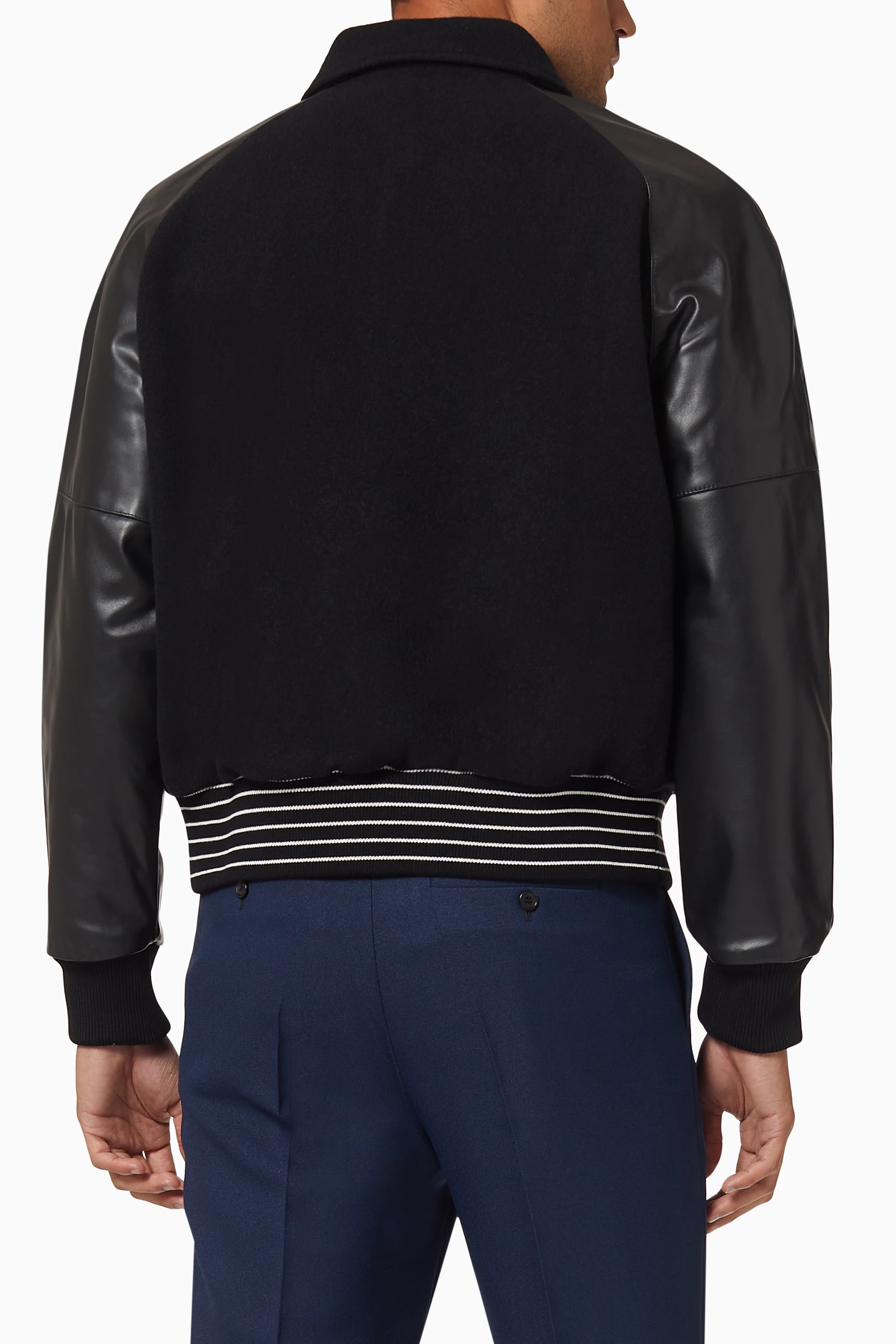 Buy Acne Studios Black Varsity Bomber Jacket in Leather and Wool