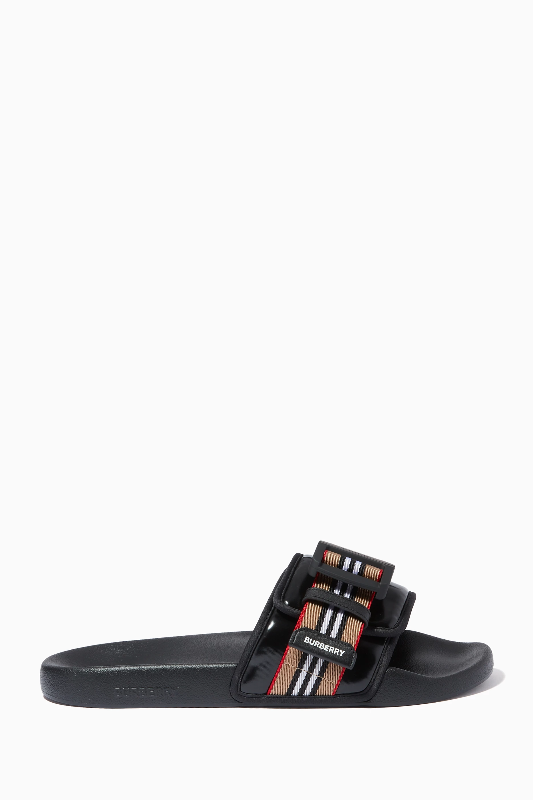 Buy Burberry Black Icon Stripe Slides in Coated Canvas for Men in