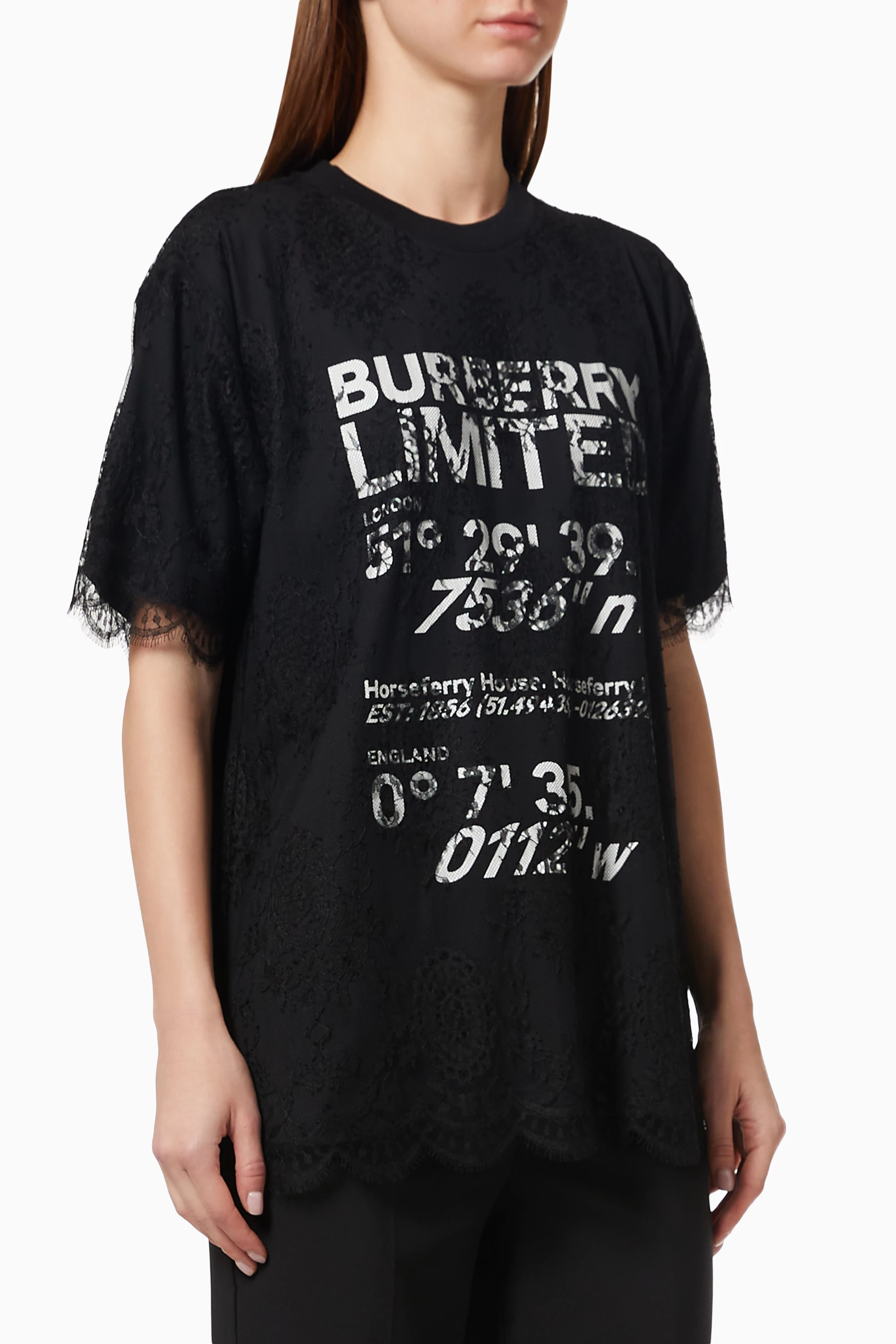 Buy Burberry Black T shirt with Coordinates in Lace Overlay Cotton for Women in UAE Ounass