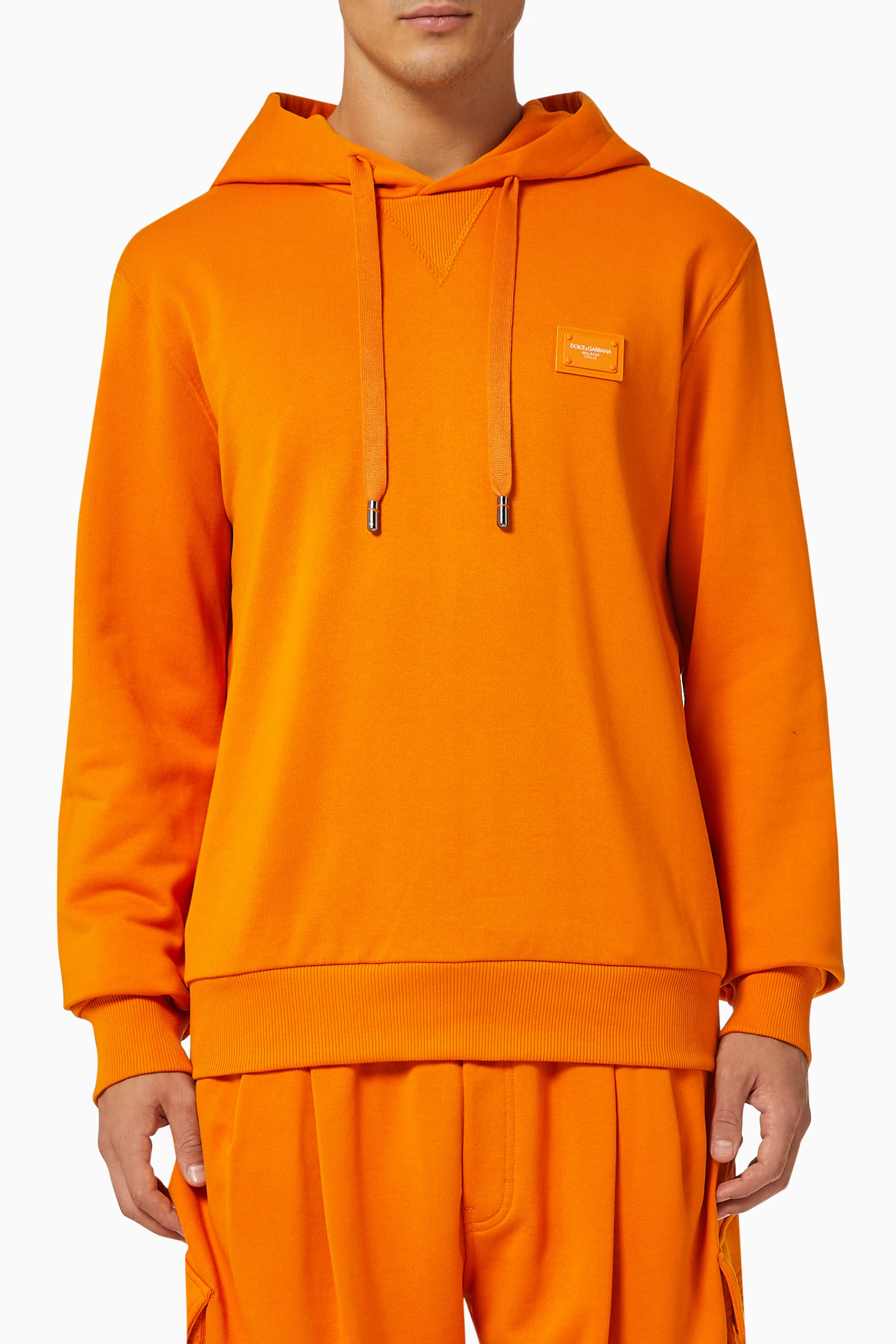 Buy Dolce Gabbana Orange Hoodie with Branded Plate in Cotton Jersey for Men in UAE Ounass