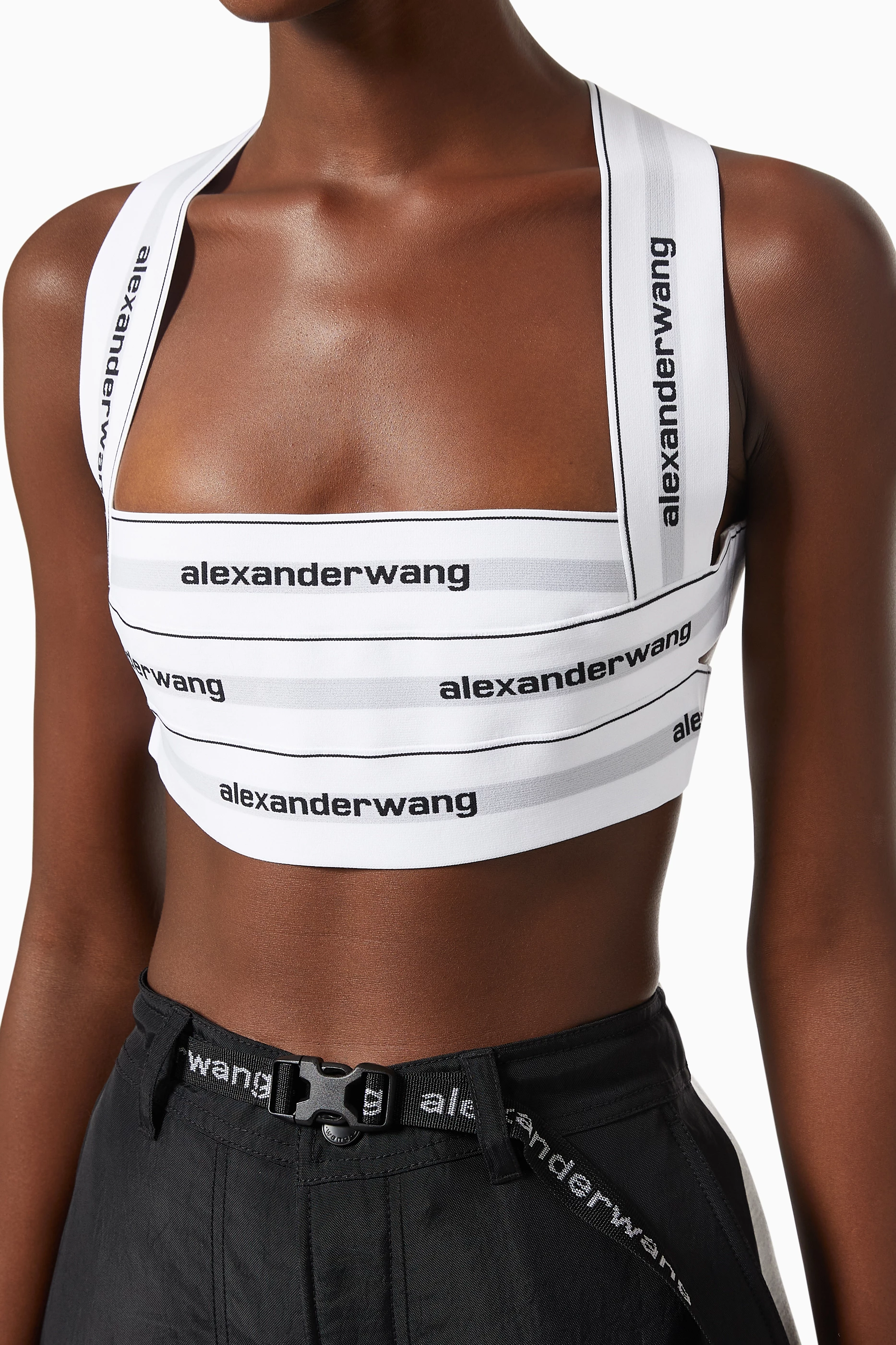 Buy Alexander Wang White Logo Tape Halter Crop Top in Elastic