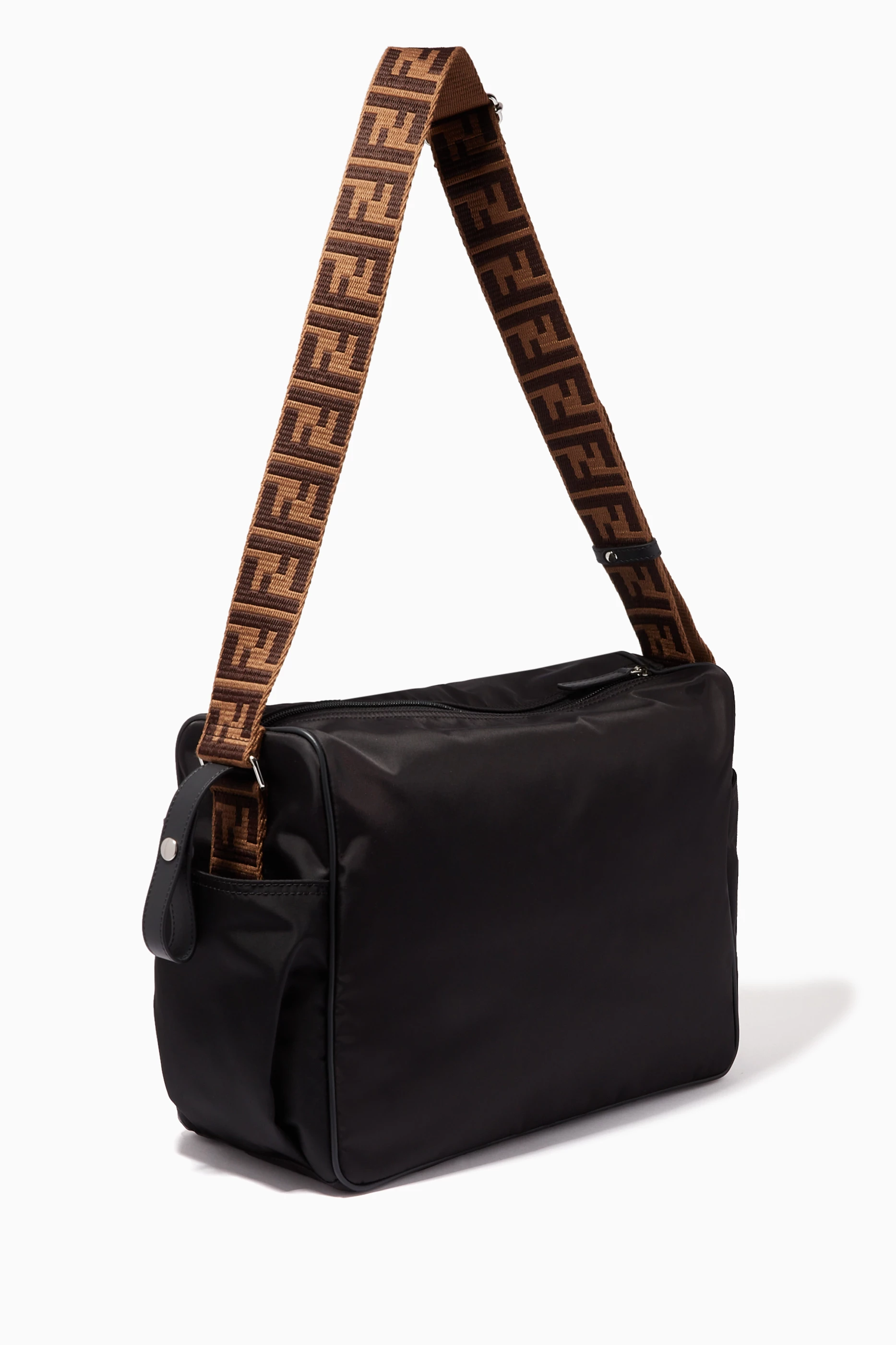 Swipe) @FENDI Diaper Bag. Black Nylon W. A Front Logo Leather
