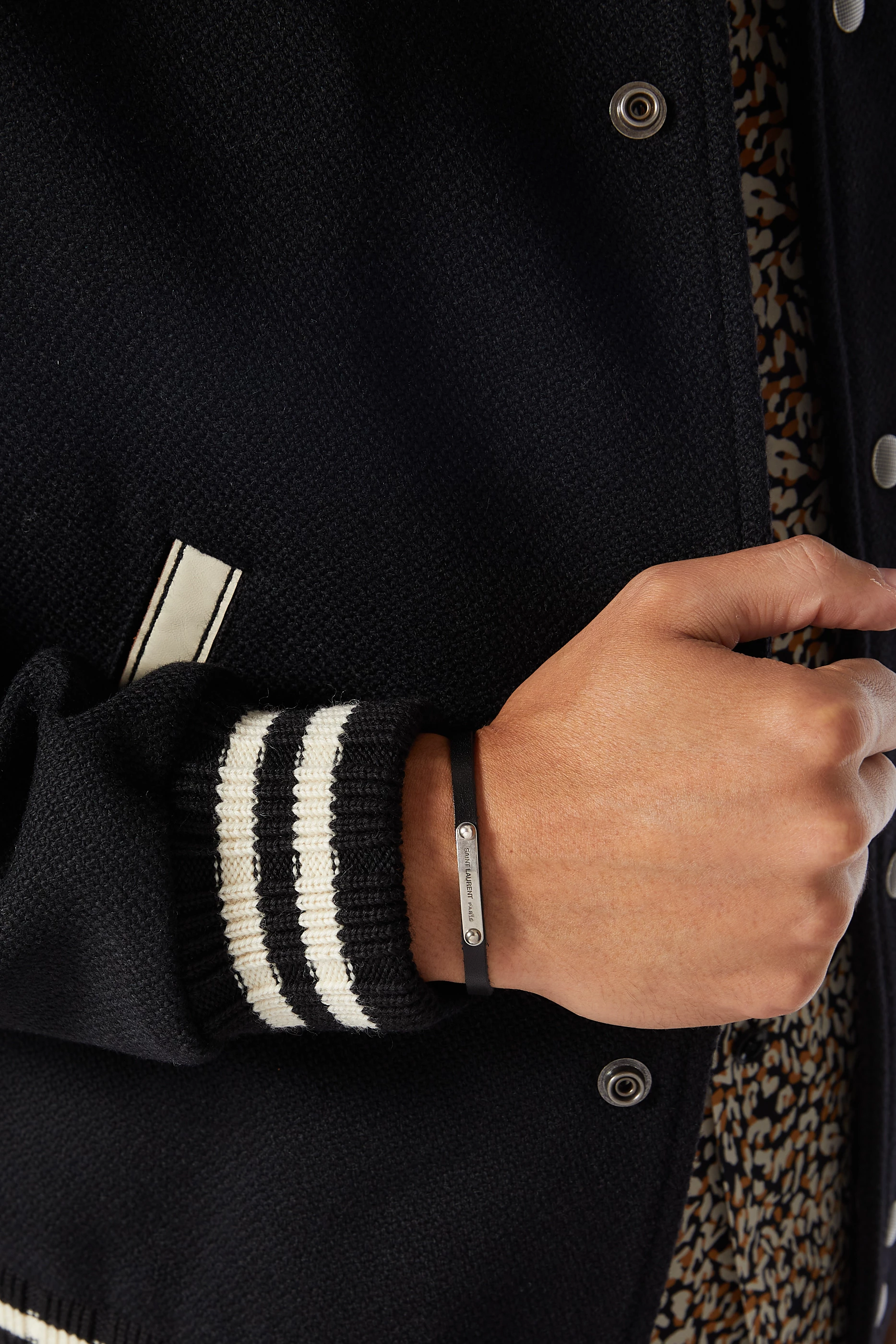 Saint laurent id plaque bracelet in smooth leather on sale and metal