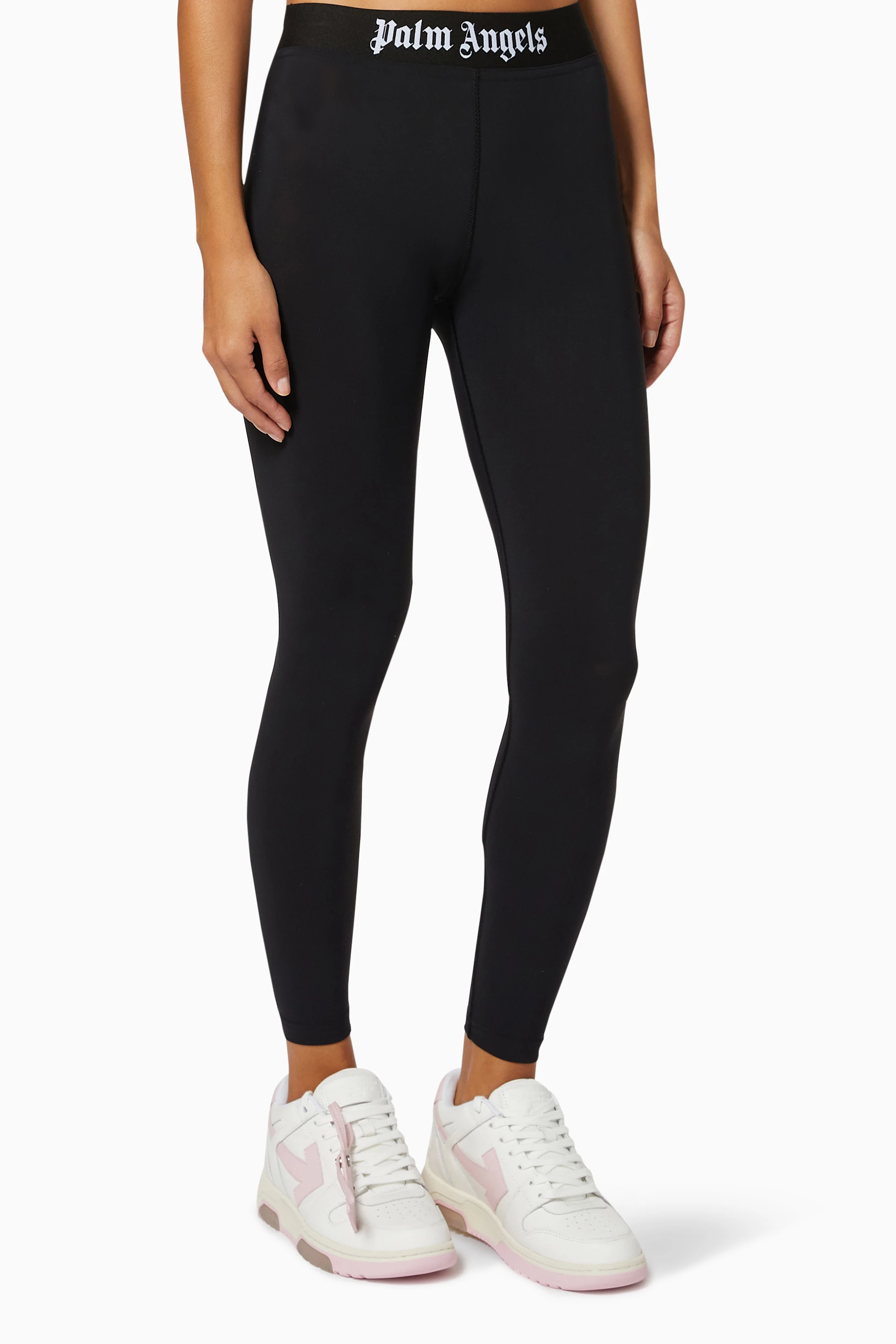 Buy Palm Angels Black Logo Leggings in Stretch Technical Fabric