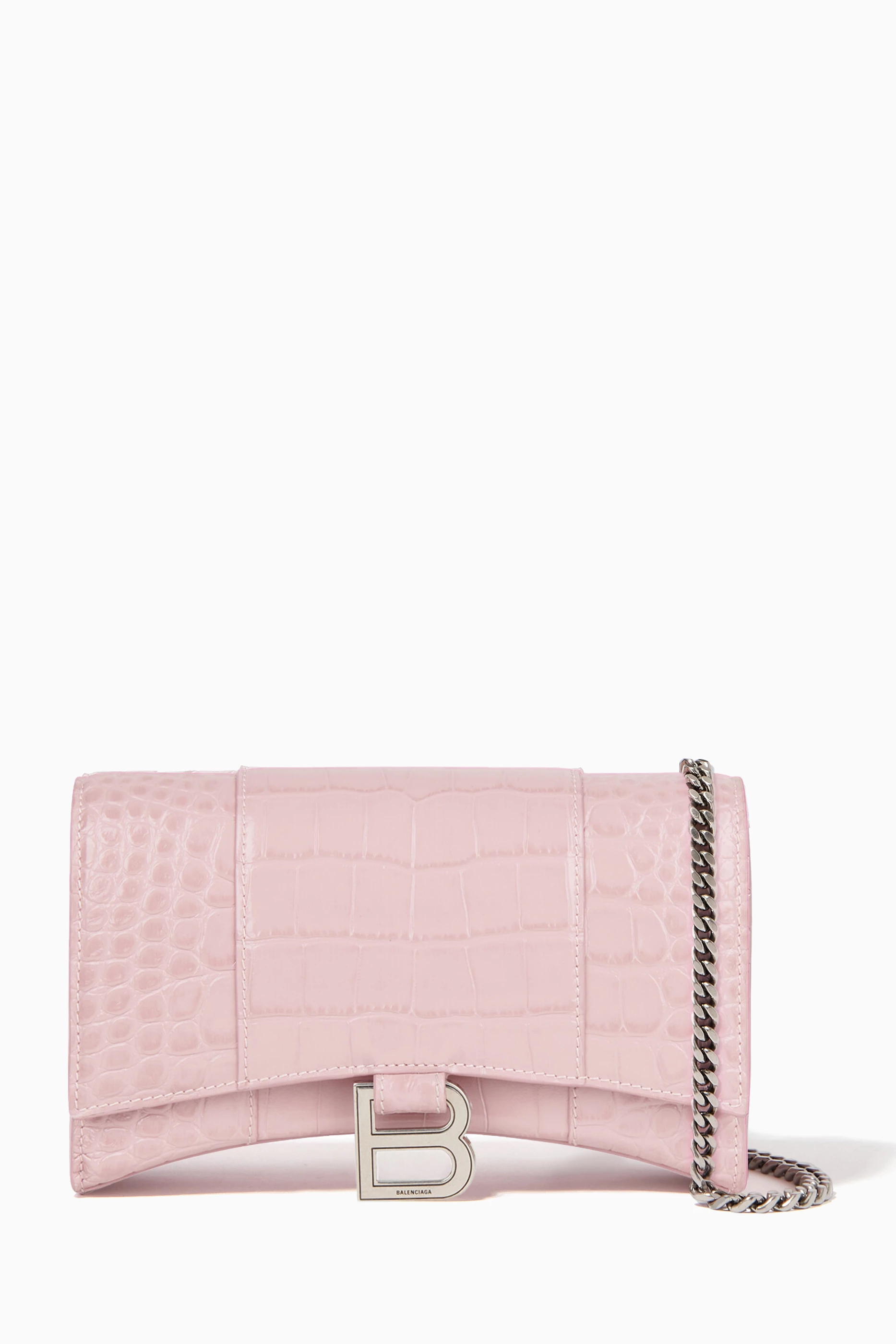 Balenciaga Hourglass Crocodile Embossed Chain Wallet Pink