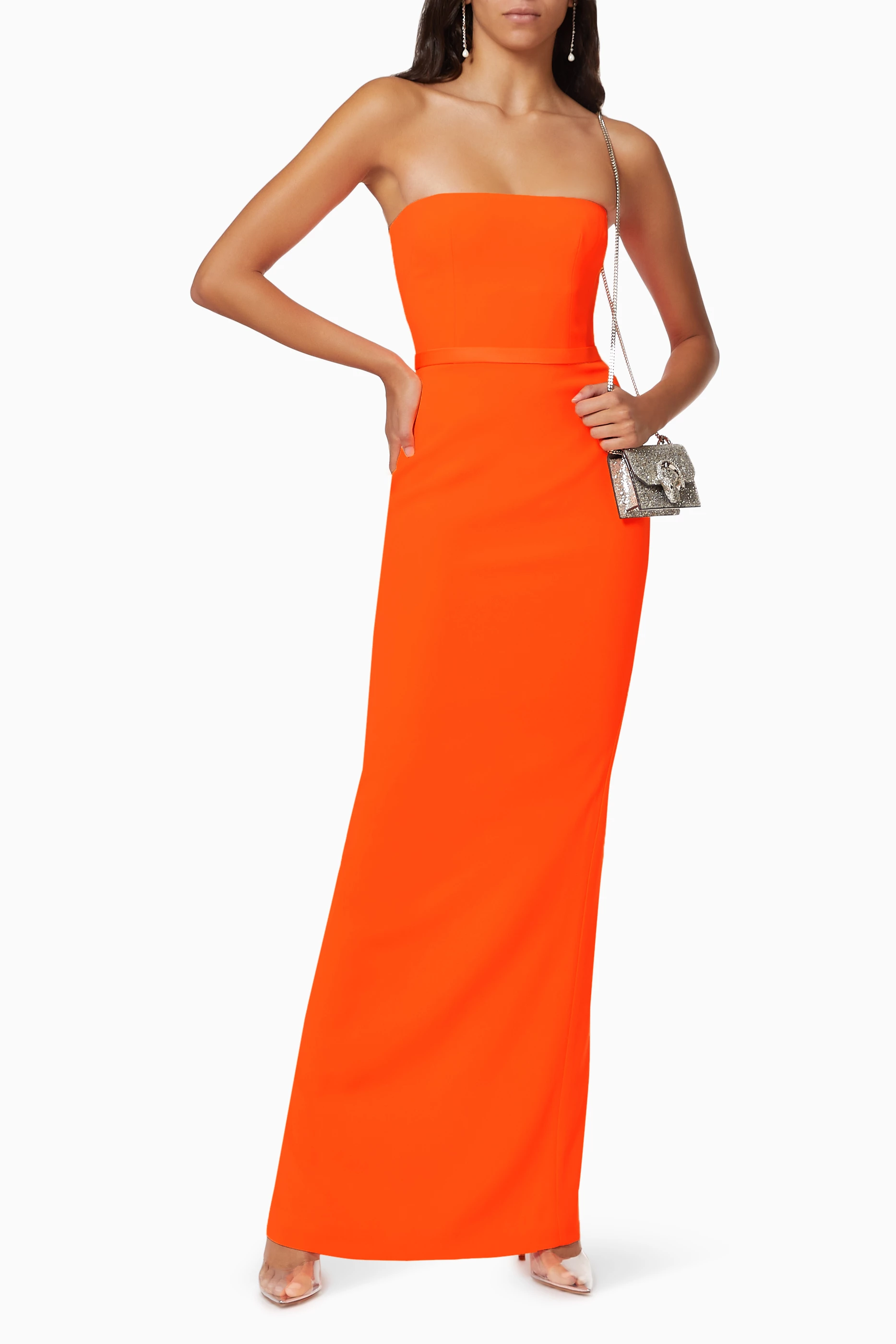 Buy Alex Perry Orange Cassidy Column Gown in Satin Crepe for Women