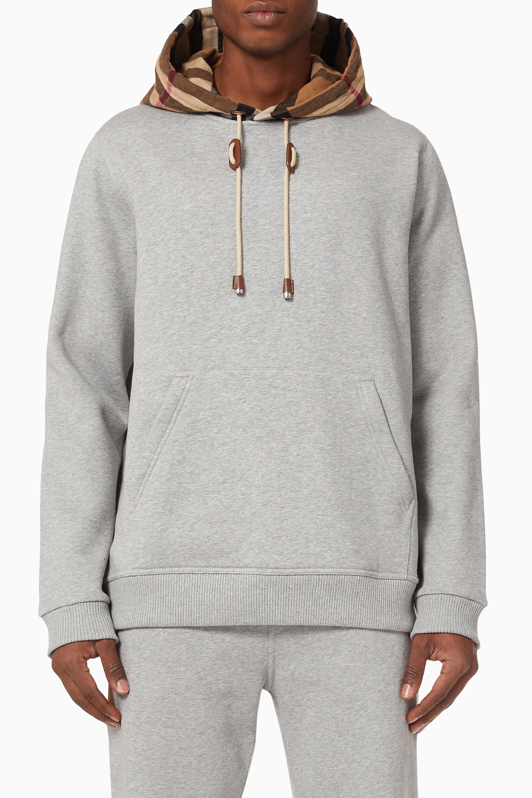 Buy Burberry Grey Check Detail Hoodie in Brushed back Cotton Blend for Men in UAE Ounass