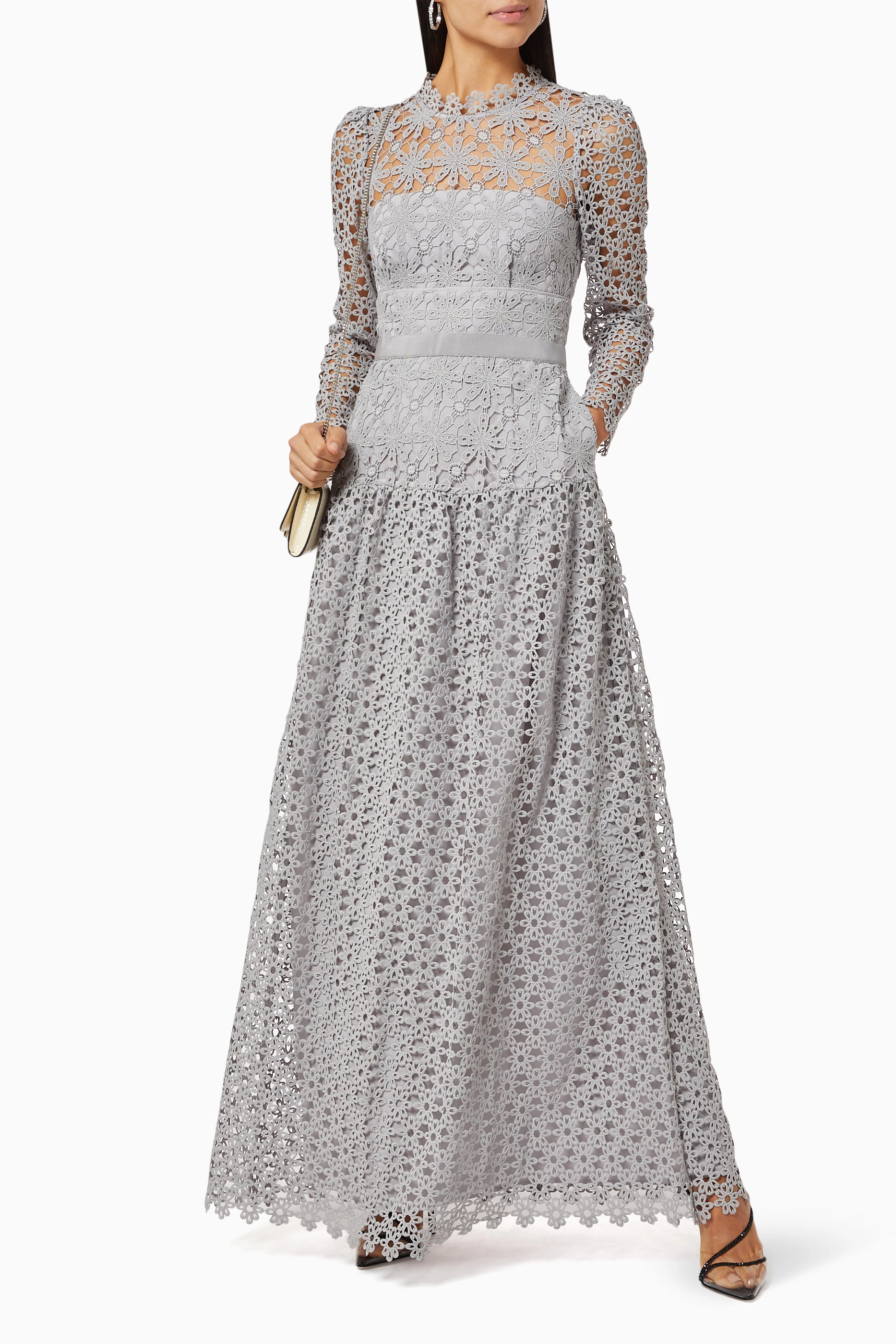 Buy Self Portrait Grey Long Sleeve Dress in Geo Guipure Lace for