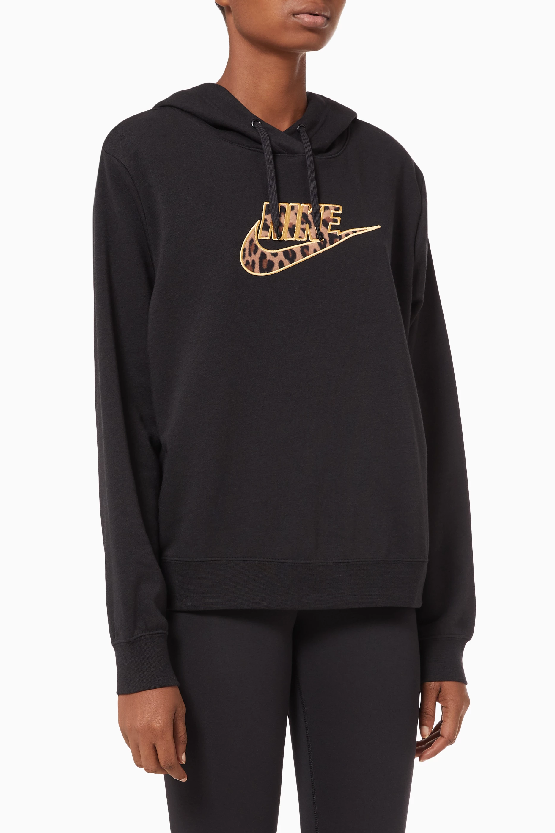 Buy Nike Black Sportswear Animal Print Swoosh Hoodie in Fleece