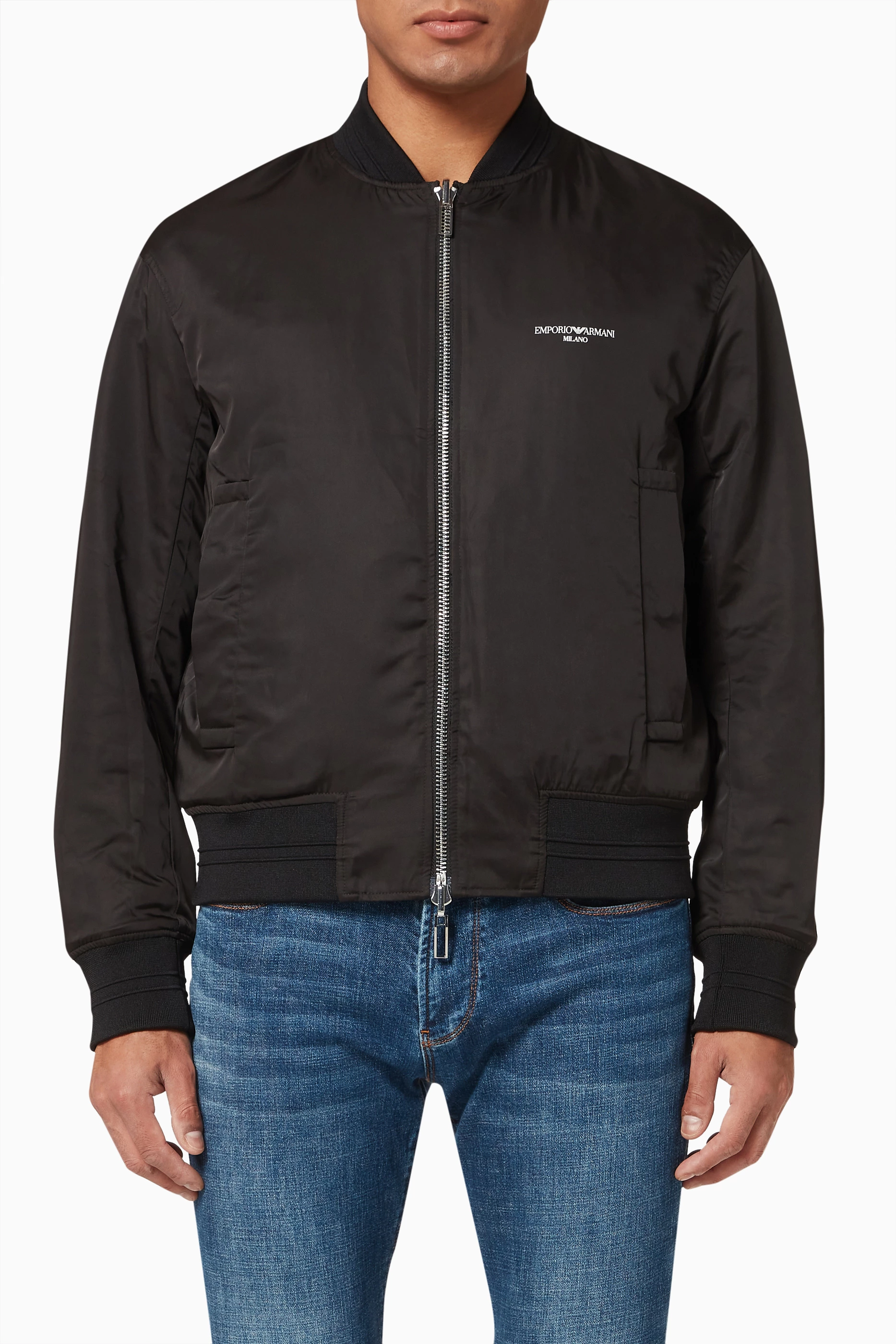 Buy Emporio Armani Black EA Monogram Bomber Jacket in Satin for Men in UAE Ounass