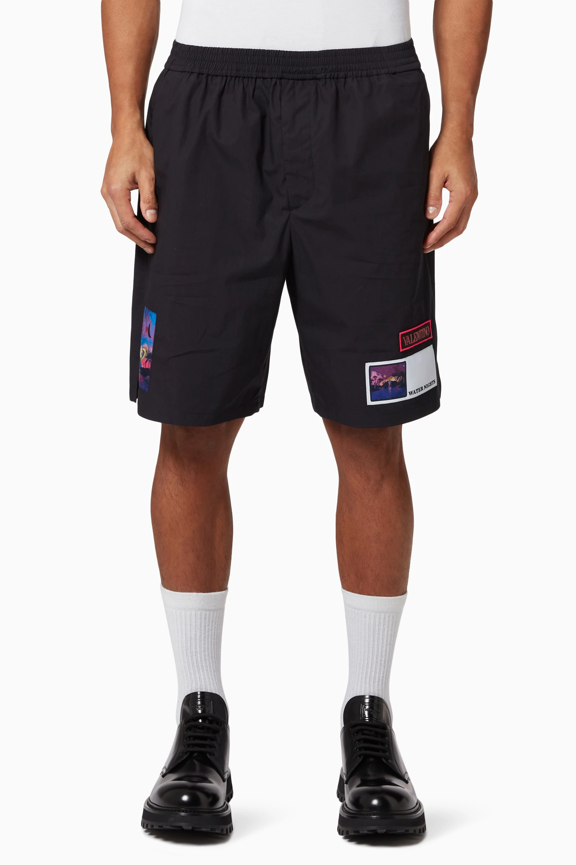 Buy Valentino Garavani Blue Brocade Patch Bermuda Shorts in Cotton