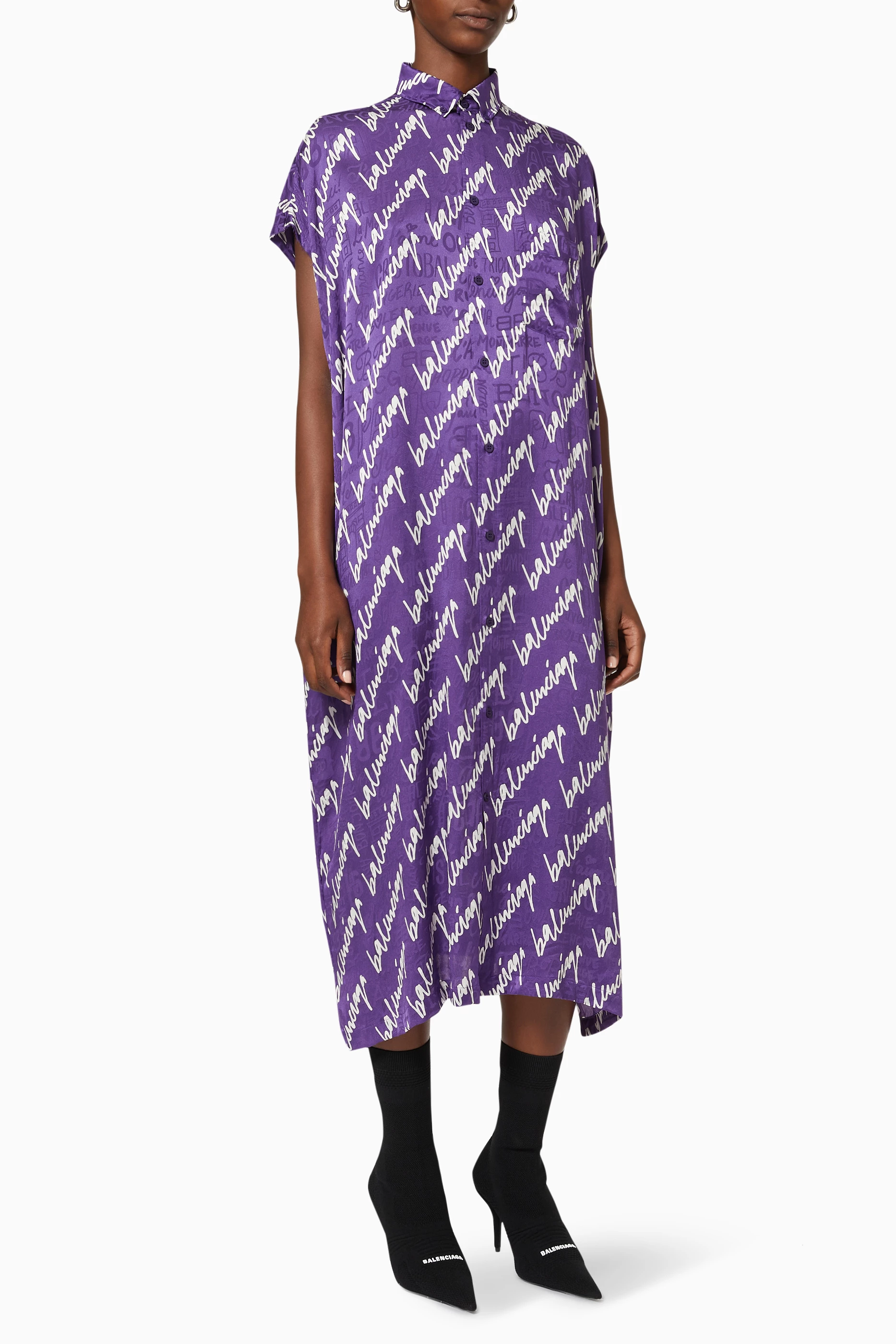 Buy Balenciaga Purple Scribble Rawcut Dress in Silk Jacquard for Women in UAE Ounass