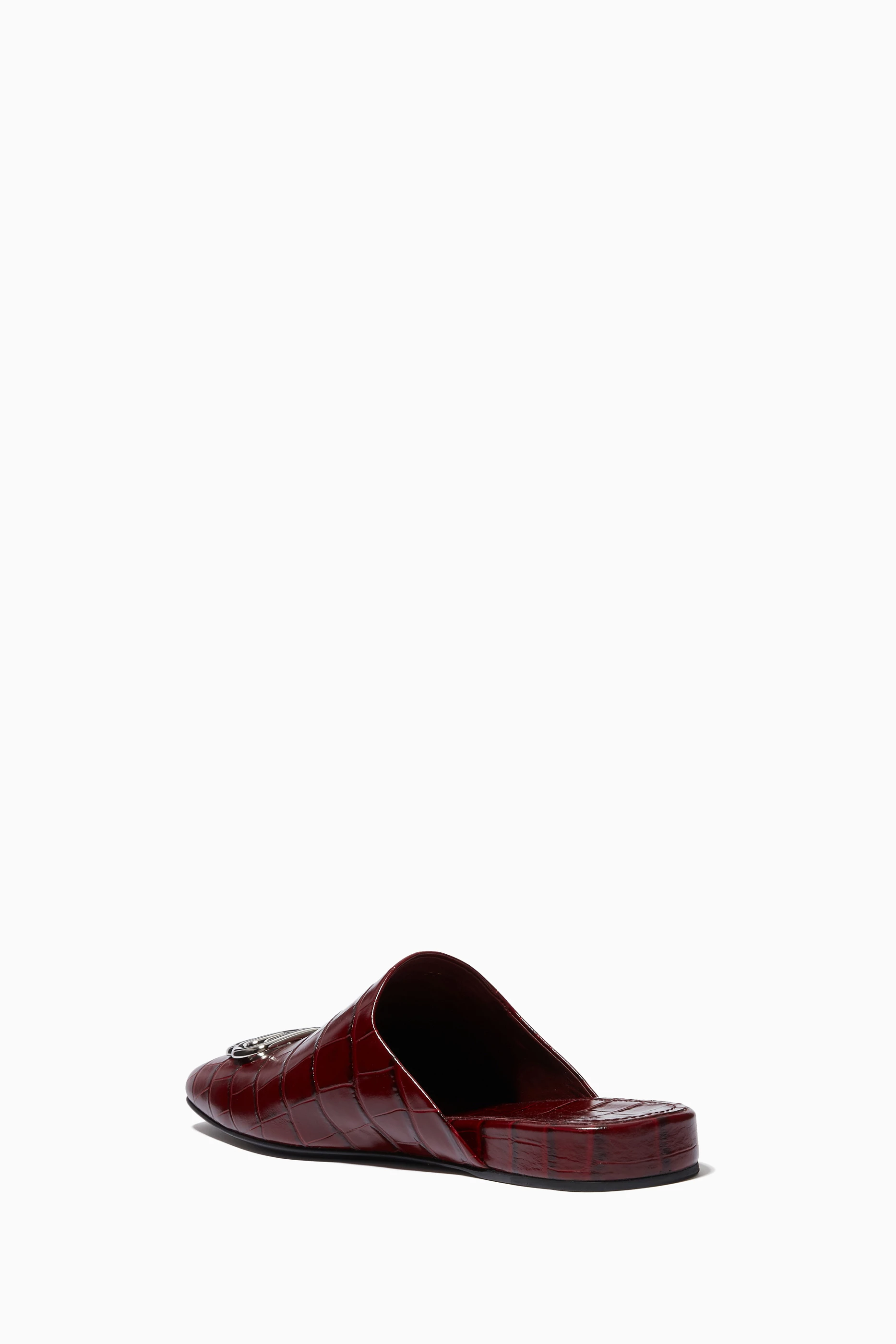 Buy Balenciaga Red Cozy BB Mules in Crocodile Embossed Calfskin