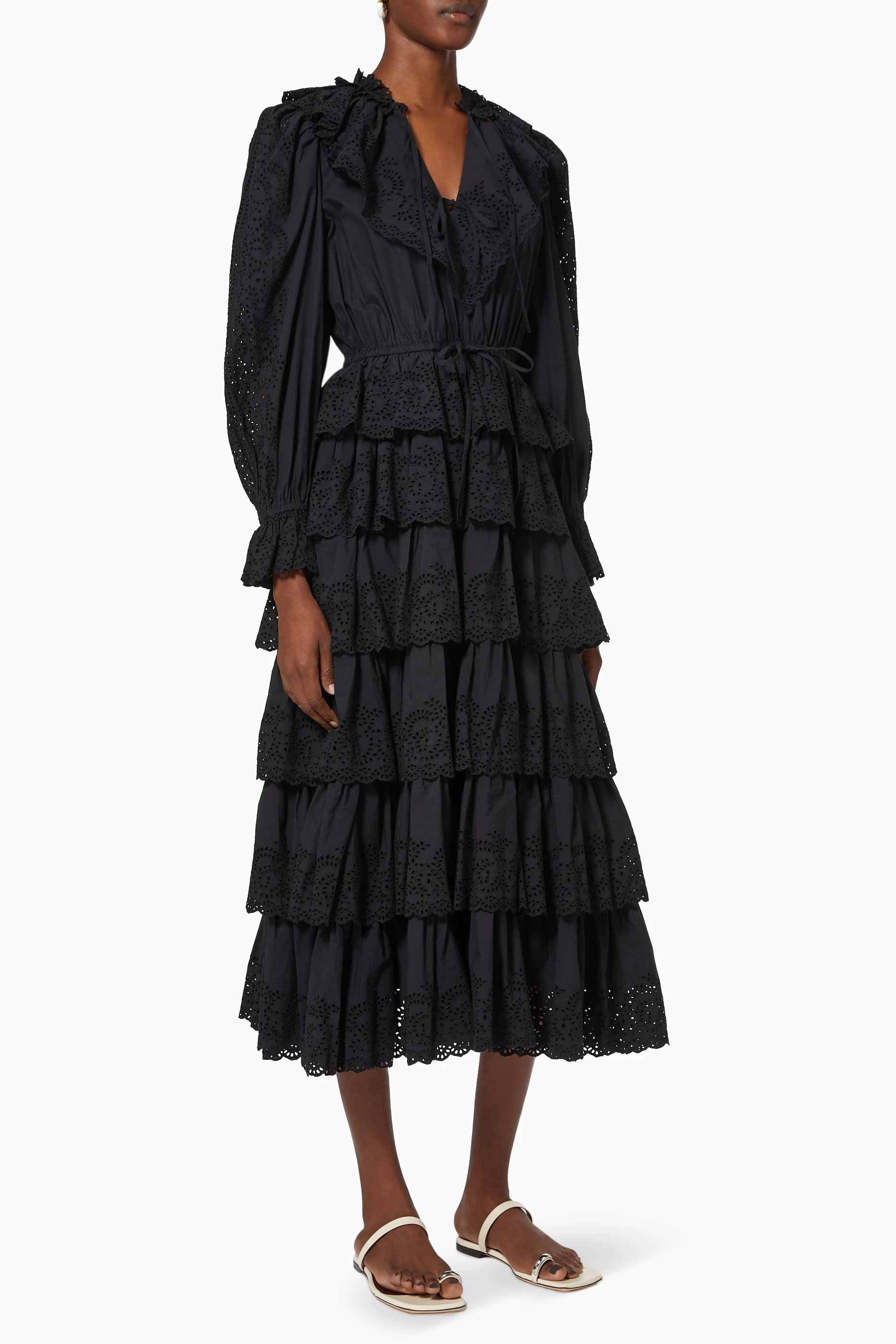 Buy Ulla Johnson Black Odile Midi Dress in Cotton Poplin for WOMEN